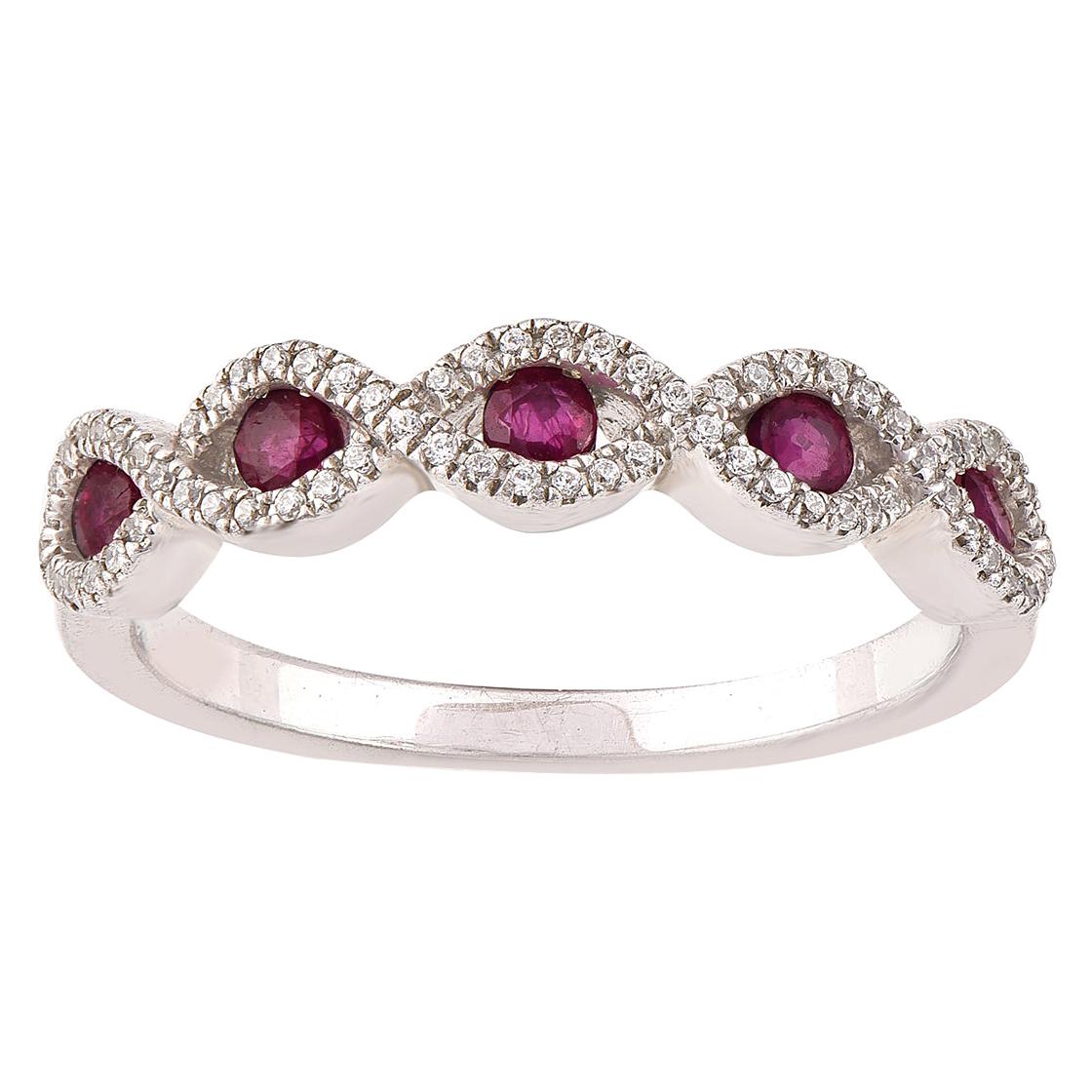 TJD 0.17 Carat Diamond and Ruby 14 Karat White Gold Twisted Infinity Band Ring For Sale