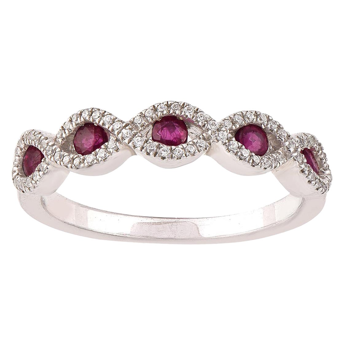 TJD 0.17 Carat Diamond and Ruby 14 Karat White Gold Twisted Infinity Band Ring For Sale