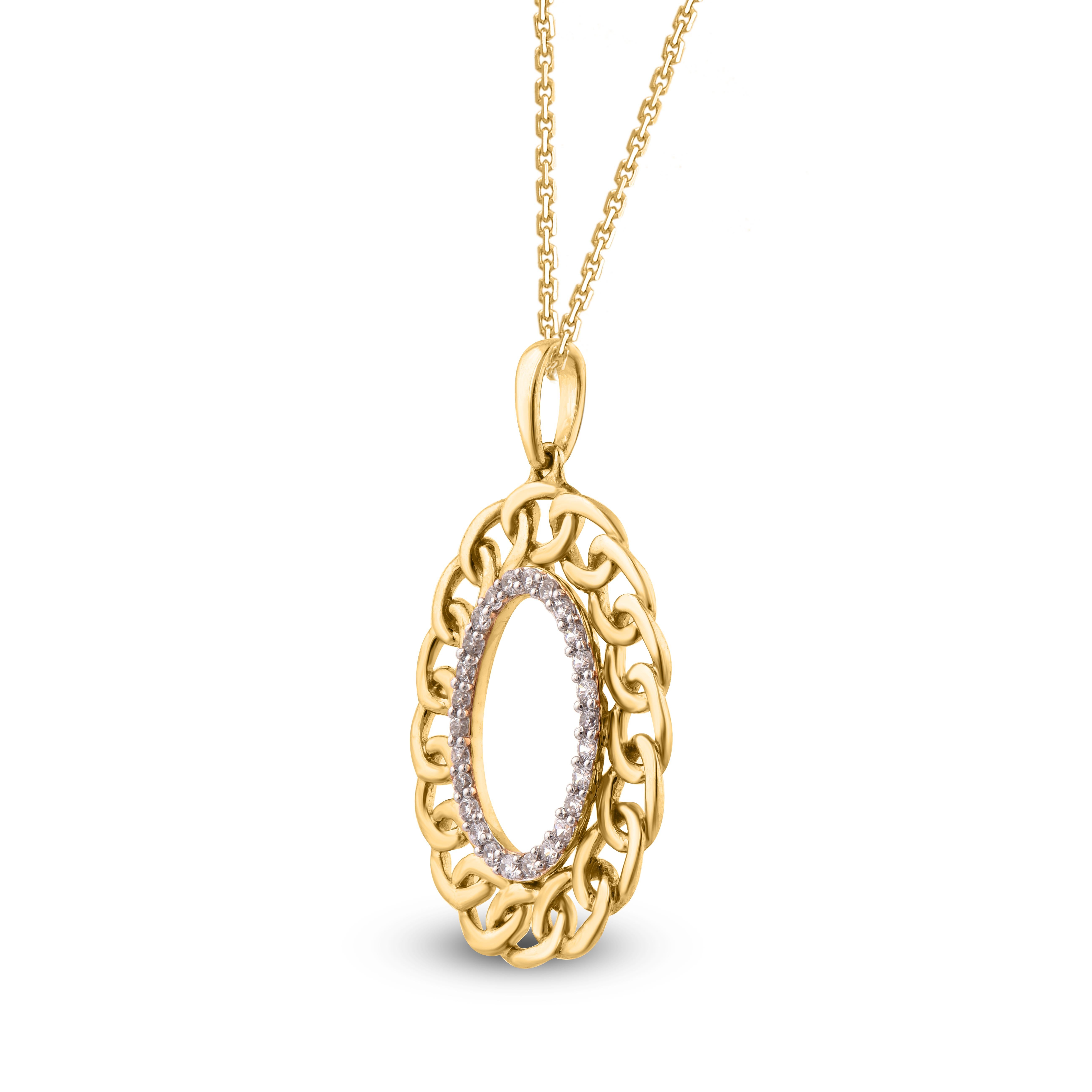 Bring sparkle to your favorite casual or dressy looks with this diamond oval pendant. This diamond pendant is crafted from 14-karat yellow gold and features 26 brilliant cut diamonds set in prong setting. H-I color I2 clarity and a high polish