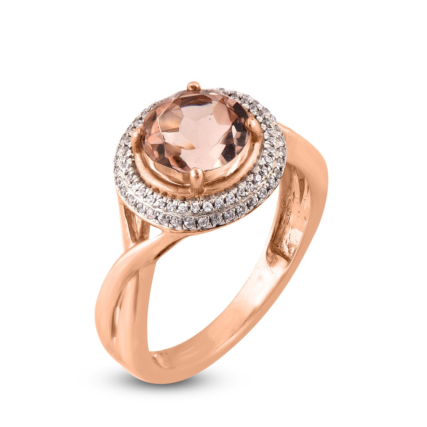 Elegantly designed by our skillful artisans in 14 Karat Rose gold and studded with 76 diamonds and 1 round cut morganite set in prong setting and shines with H-I Color, I2 Clarity. 
This twisted shank designer diamond engagement ring is truly