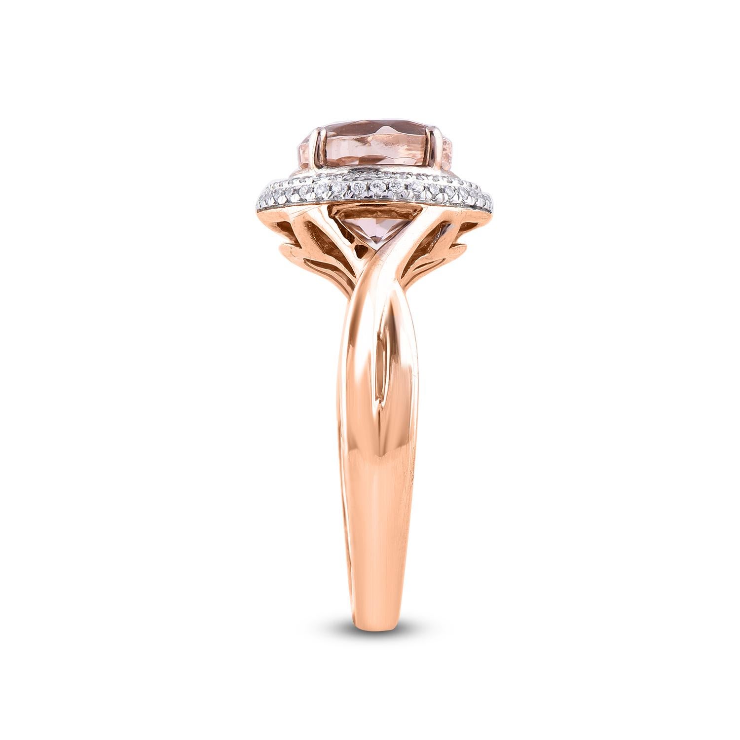 Art Deco TJD 0.18 Carat Diamond and 8 mm Round Morganite 14 Karat Rose Gold Ring For Sale