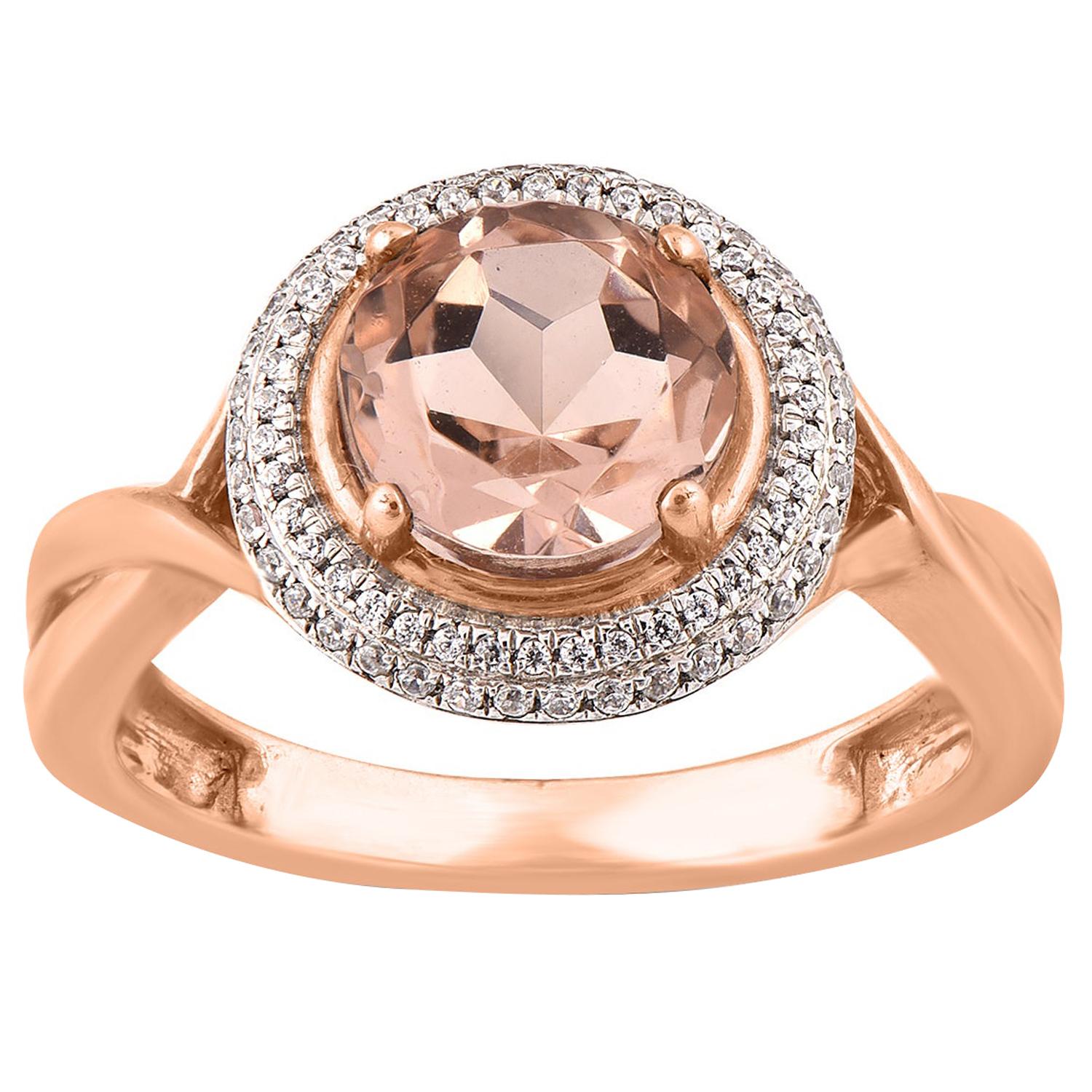 TJD 0.18 Carat Diamond and 8 mm Round Morganite 14 Karat Rose Gold Ring For Sale