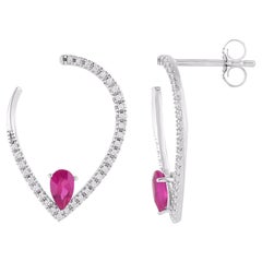 TJD 0.18 Carat Diamonds and 0.50 Carat Ruby 14KT Gold Pear Shape Hoop Earrings