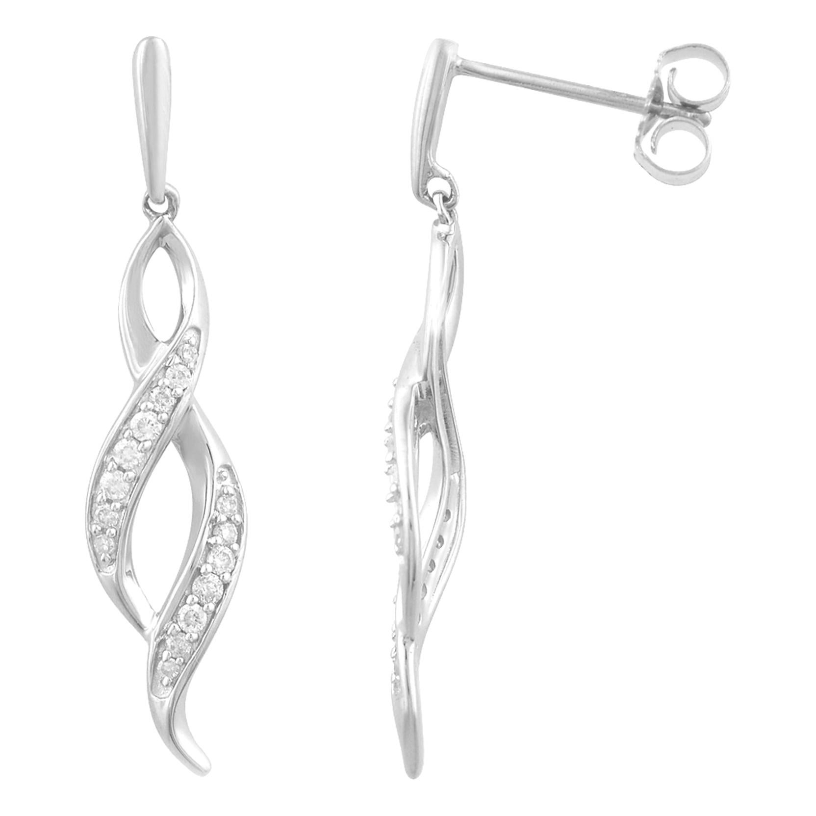 TJD 0.18 Carat Round Diamond 14 Karat White Gold Swirl Drop Fashion Earrings For Sale