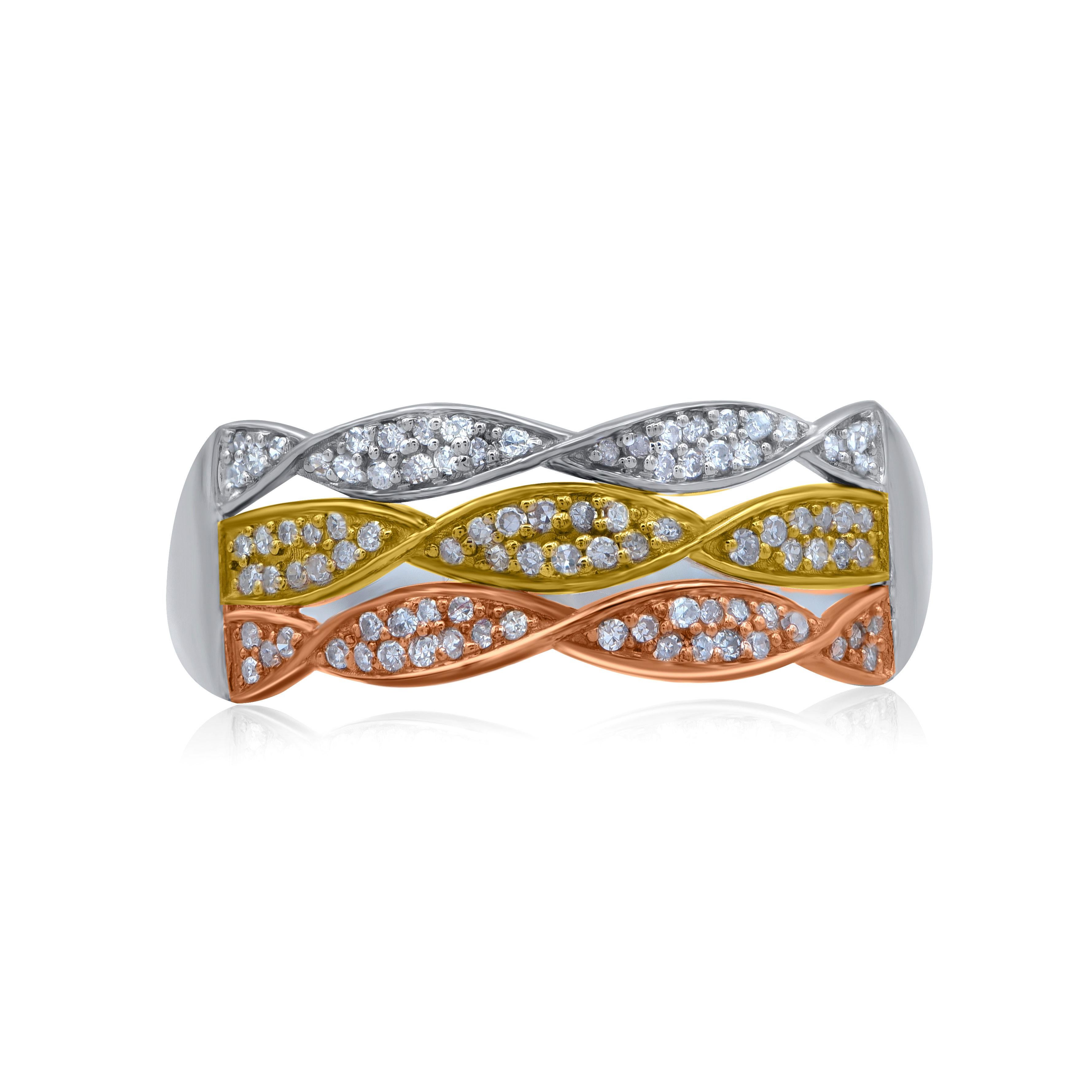 Express your love for her in the most classic way with this band ring. This beautiful ring features shimmering 93 single cut diamonds studded in pave setting. Crafted in 14 karat tri color gold. The total diamond weight is 0.18 carat. The diamonds