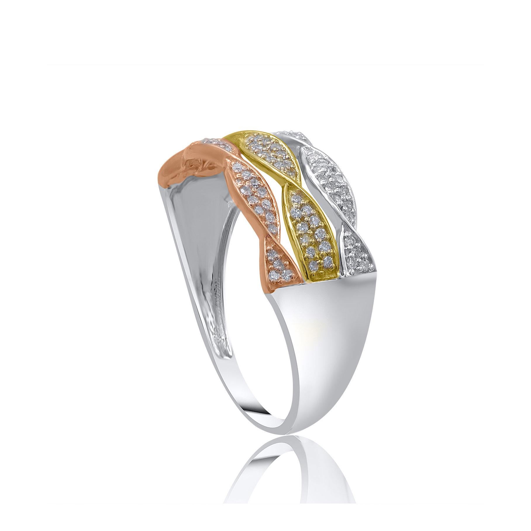 Contemporary TJD 0.18 Carat Natural Round Diamond 14 Karat Tri-Color Gold Three Row Band Ring For Sale