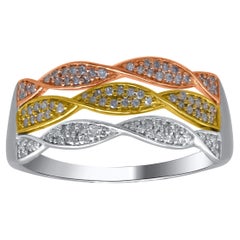 Bague à trois rangées en or tricolore 14 carats avec diamants ronds naturels de 0,18 carat TJD