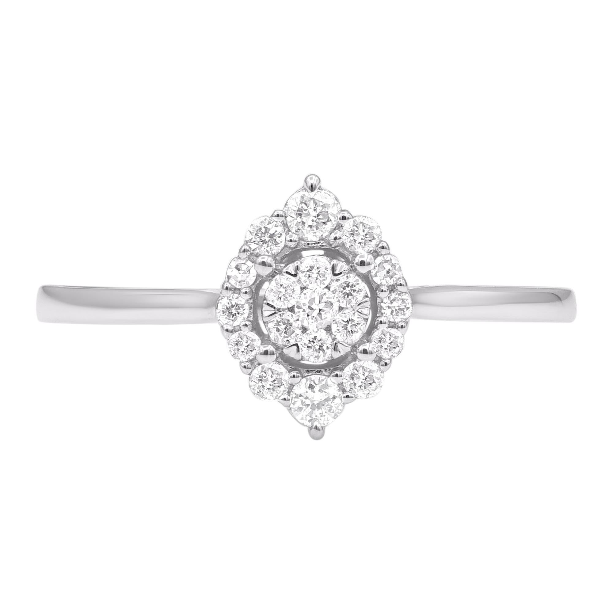 Express your love for her in the most classic way with this diamond ring. Crafted in 14 Karat white gold. This wedding ring features a sparkling 19 round diamond beautifully set in prong and pressure setting. The total diamond weight is 0.18 Carat.