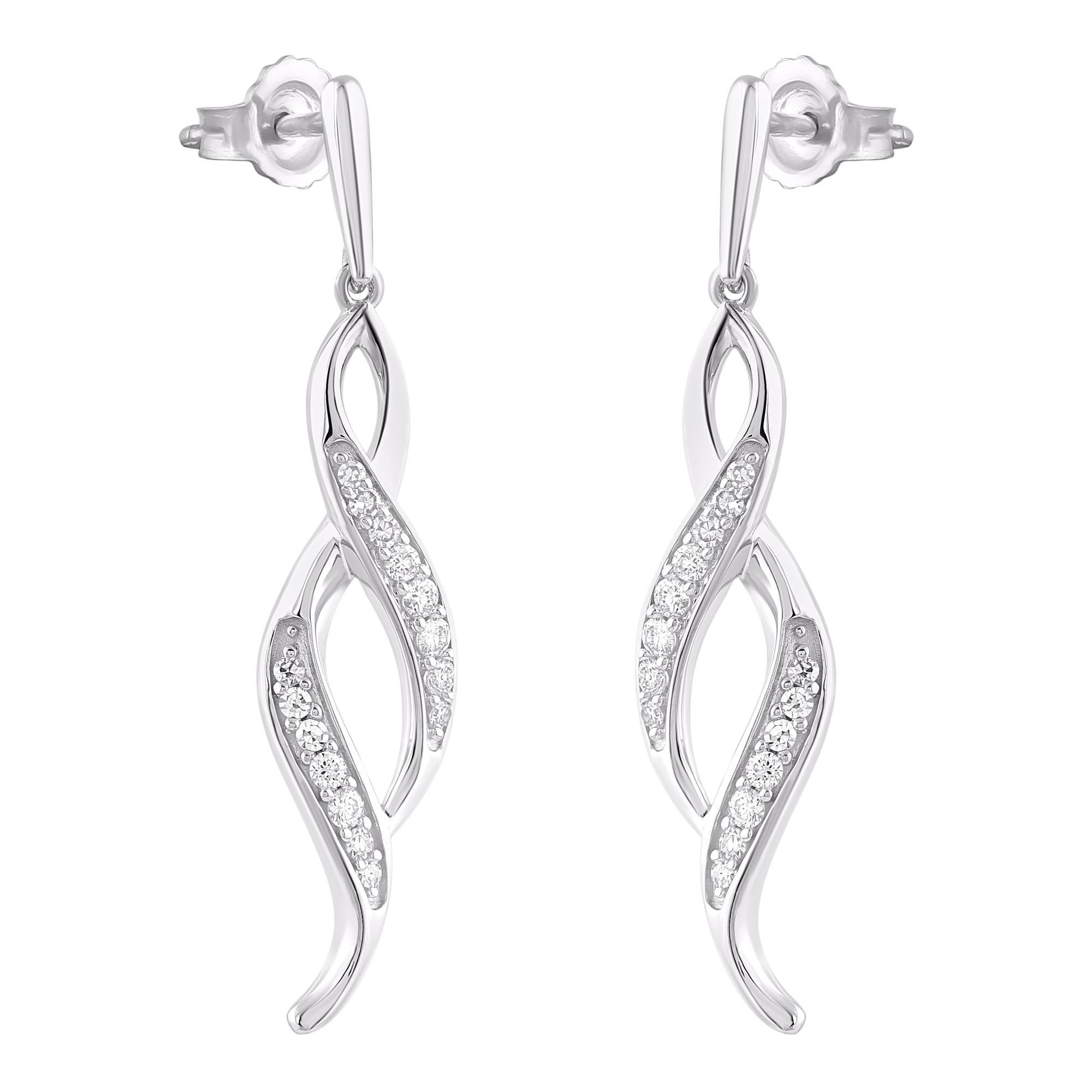 Contemporaneo TJD 0,18 carati di diamante rotondo in oro bianco 14 carati Orecchini moda a goccia a spirale in vendita
