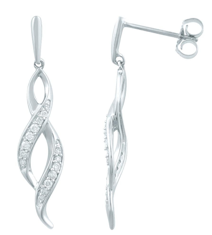 Art Deco TJD 0.18 Carat Round Diamond 14 Karat White Gold Swirl Drop Fashion Earrings For Sale