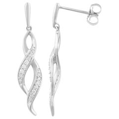 TJD 0.18 Carat Round Diamond 14 Karat White Gold Swirl Drop Fashion Earrings