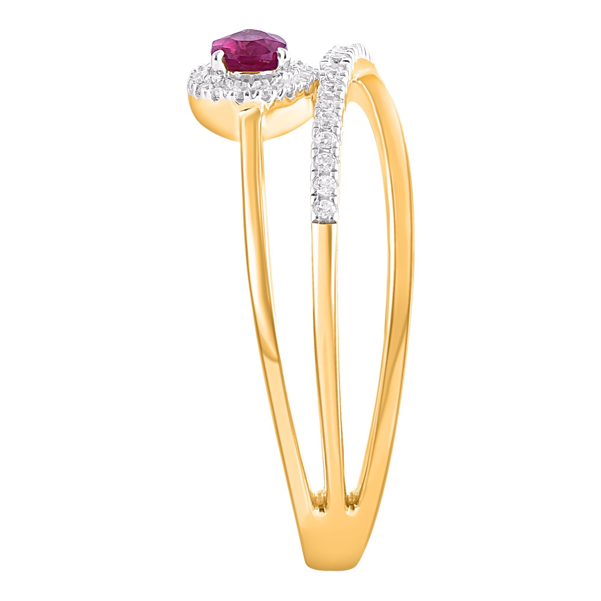 Round Cut TJD 0.19 Carat Ruby and 0.25 Carat Diamond 14 Karat Yellow Gold Fashion Ring For Sale