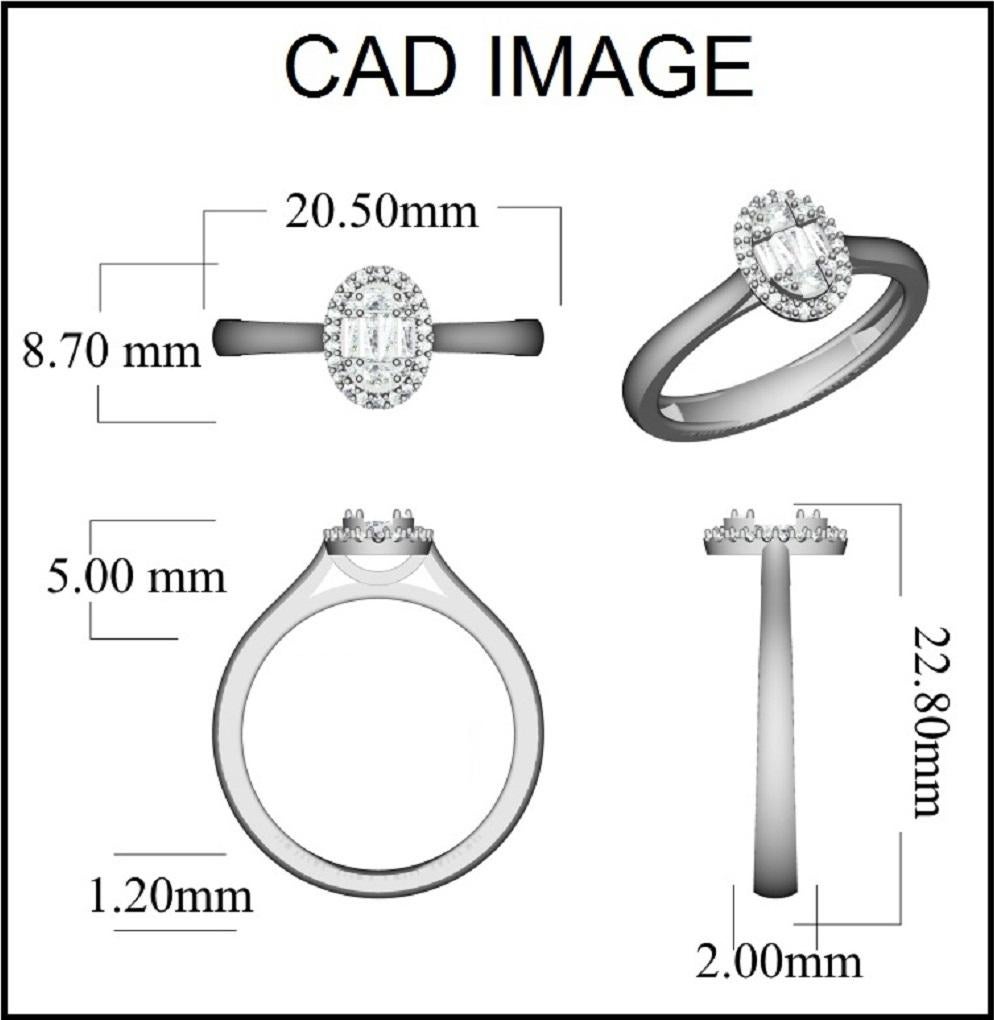 Stupiscila con la bellezza abbagliante di questo anello di fidanzamento con diamante a forma di grappolo ovale. Realizzato alla perfezione in oro bianco da 14 carati e tempestato di 26 diamanti rotondi e 6 diamanti taglio baguette incastonati in