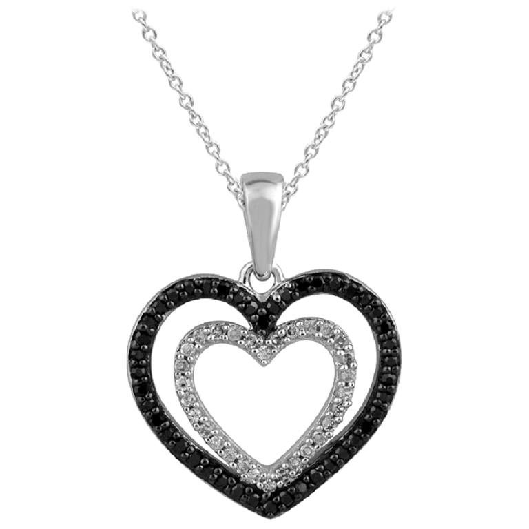 TJD 0.20 Carat Black & White Diamond 14K White Gold Double Heart Fashion Pendant For Sale