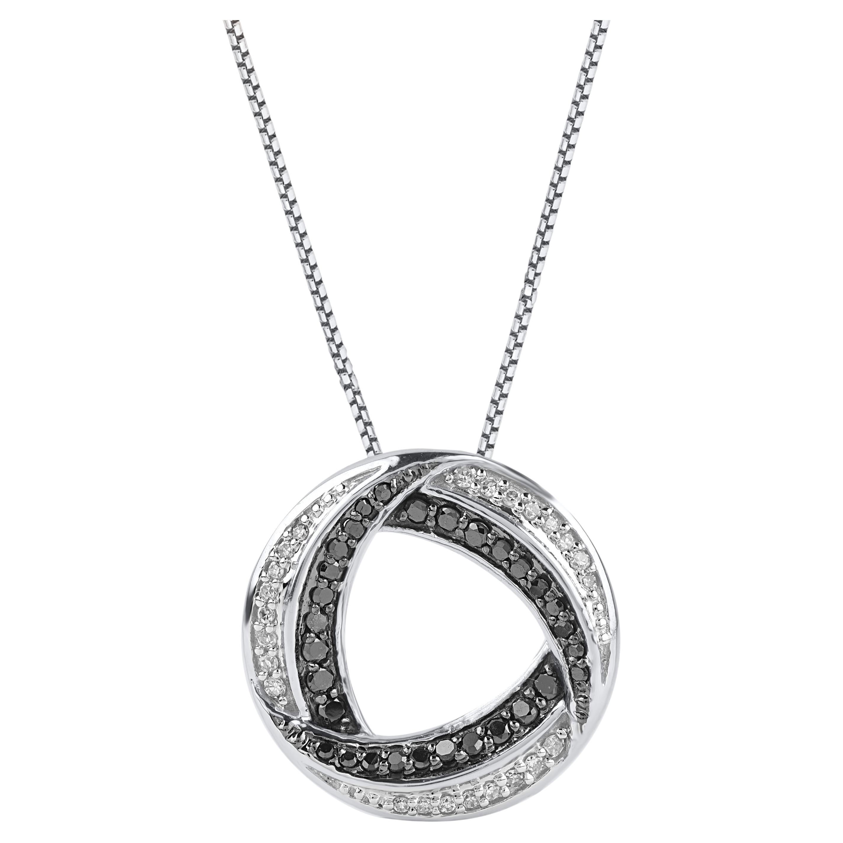 TJD Collier pendentif cercle en or blanc 14 carats avec diamants noirs et blancs de 0,20 carat