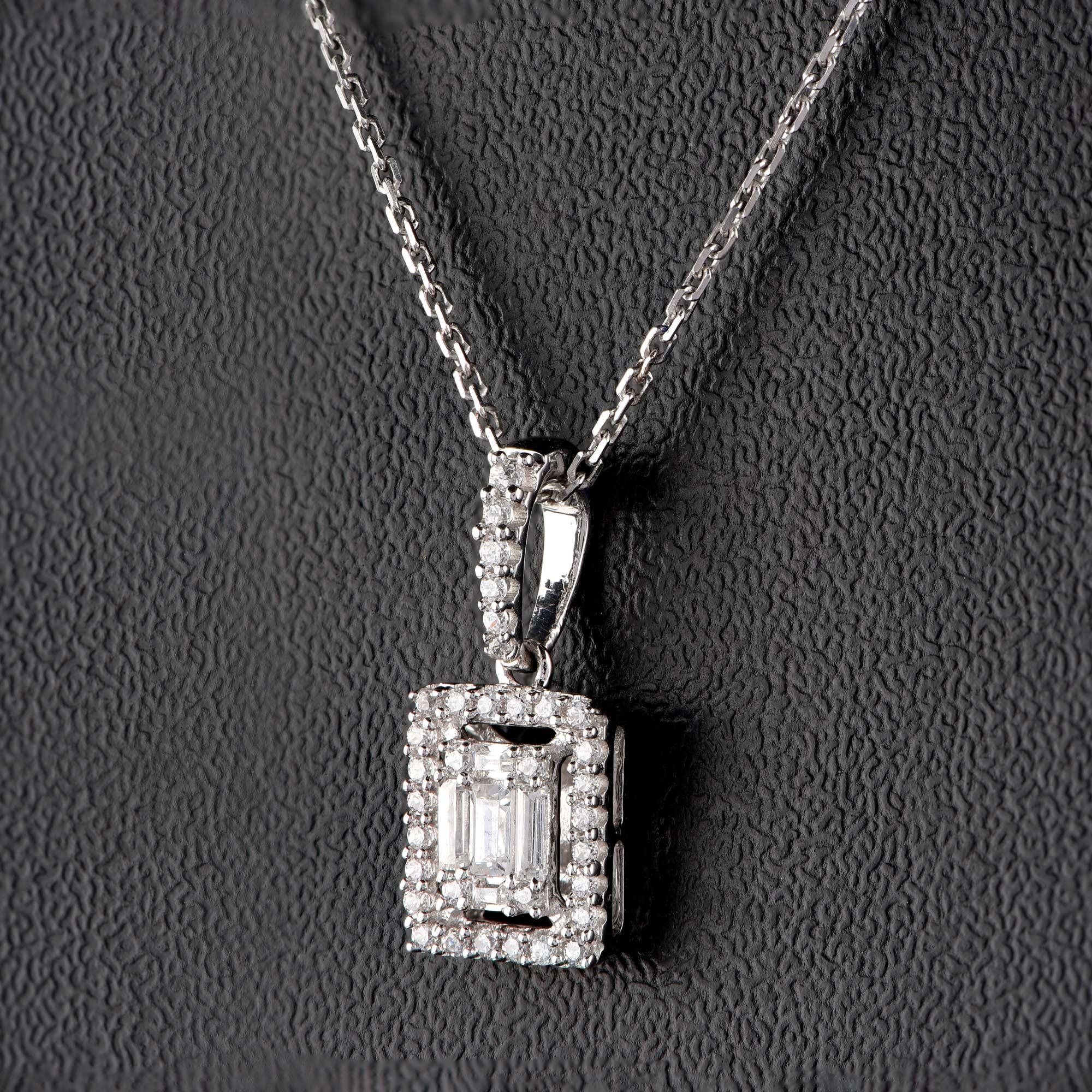 Modern TJD 0.20 Carat Round and Baguette Diamond 18 Karat White Gold Halo Drop Pendant For Sale