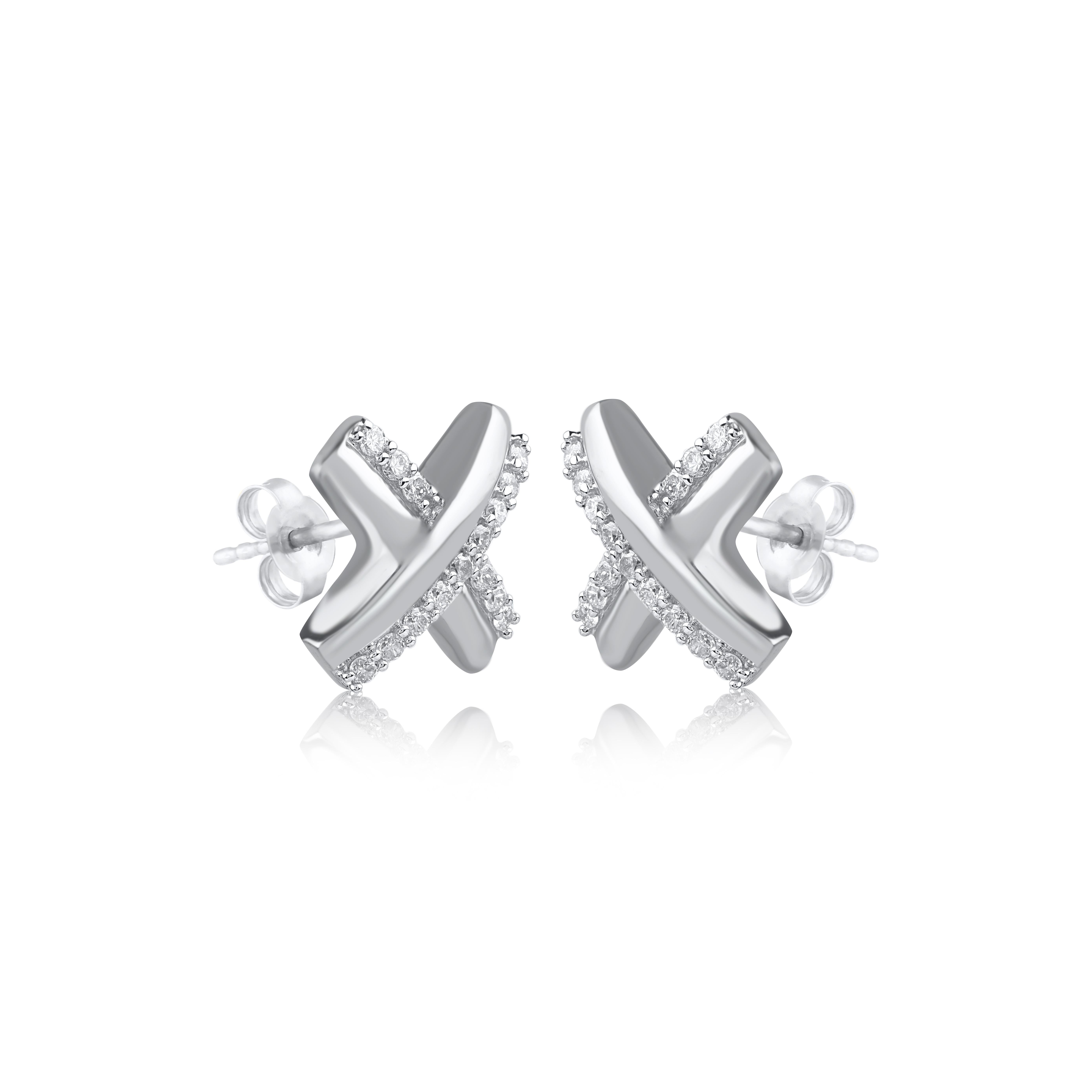 Moderne TJD Boucles d'oreilles en or blanc 14KT en forme de X avec diamant taille brillant de 0.20 carat en vente