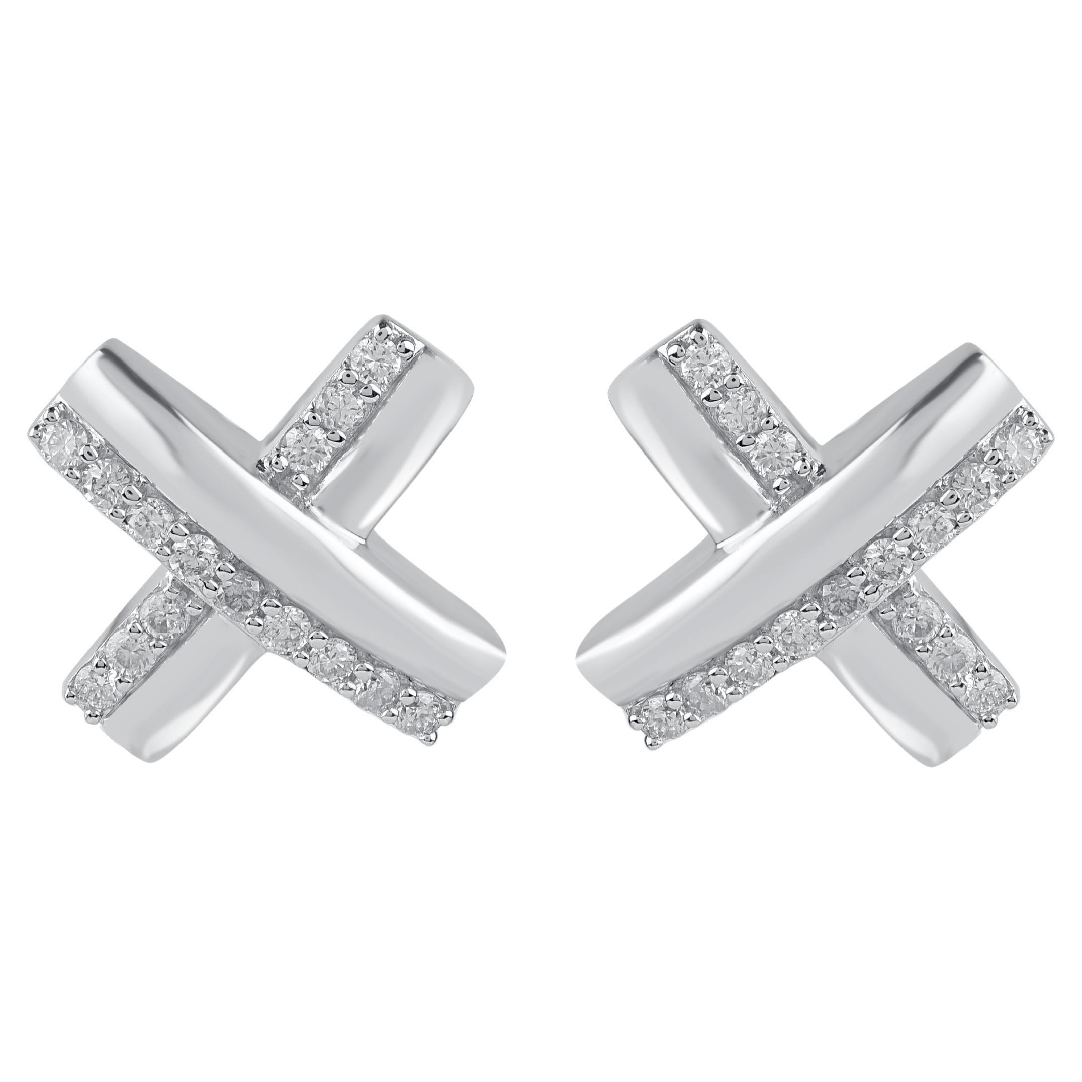 TJD 0.20 Carat Brilliant Cut Diamond 14KT White Gold 'X' Shape Stud Earrings For Sale
