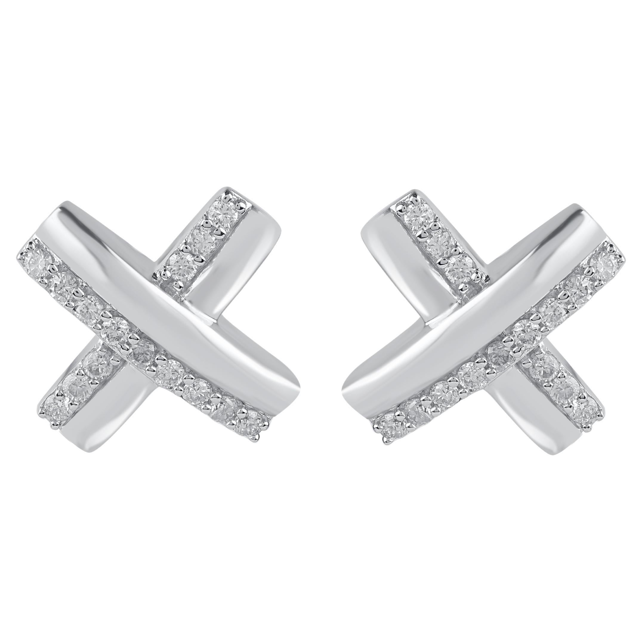 TJD 0.20 Carat Brilliant Cut Diamond 14KT White Gold 'X' Shape Stud Earrings