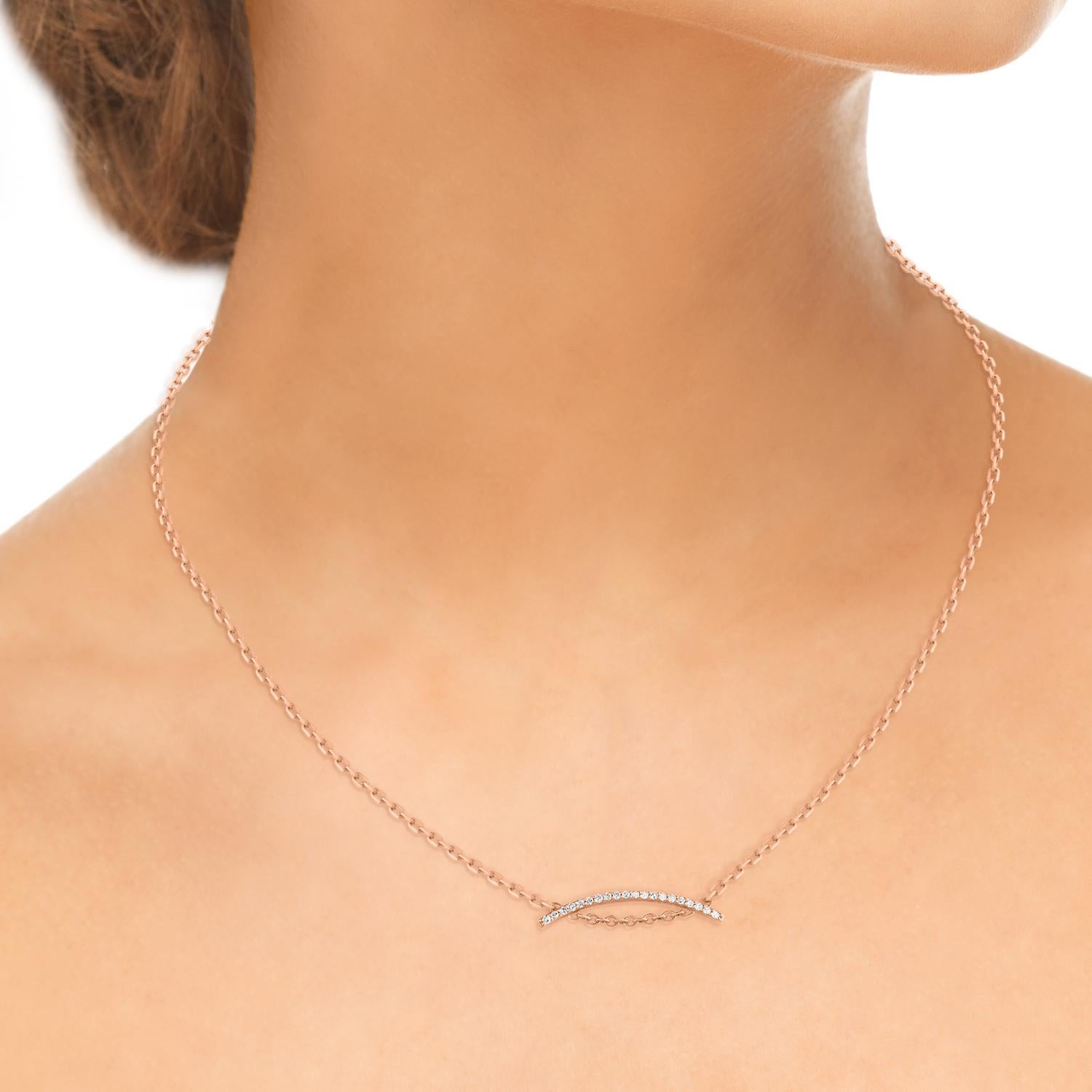 Modern TJD 0.20 Carat Diamond 18 Karat Rose Gold Curved Bar Necklace with 18 inch Chain For Sale