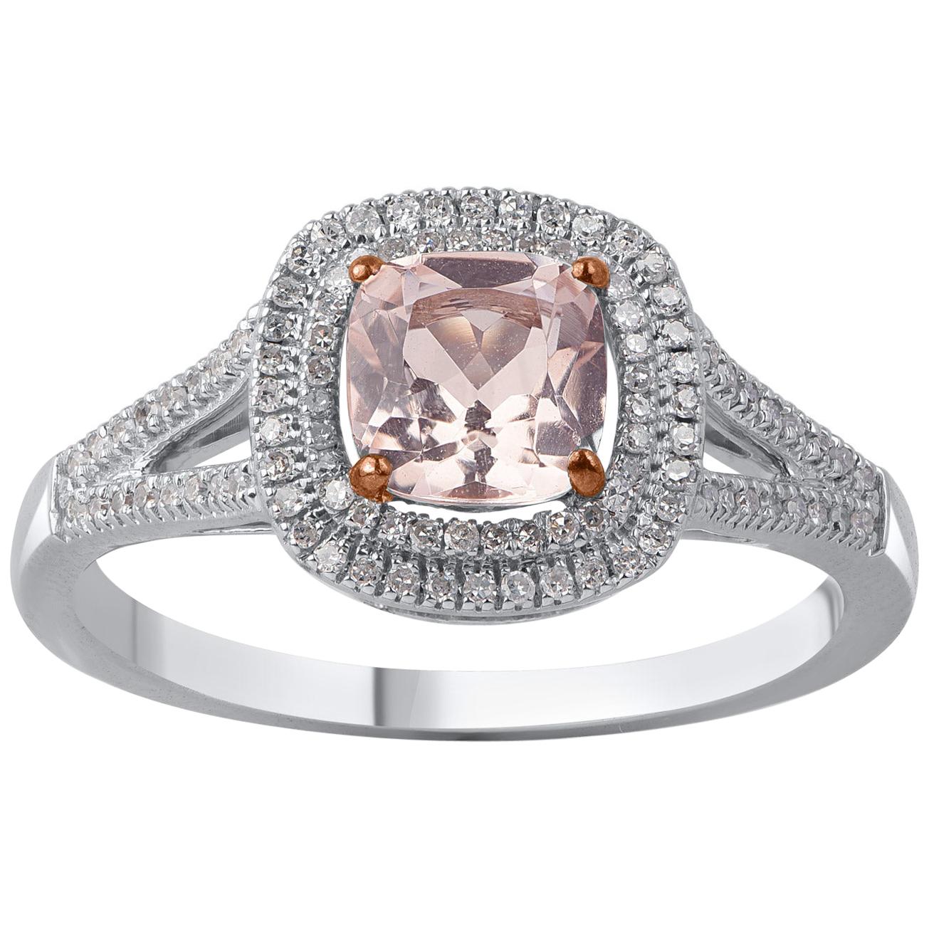 TJD 0.20 Carat Diamond 6 X 6 MM Cushion Cut Morganite 14K Halo Engagement Ring