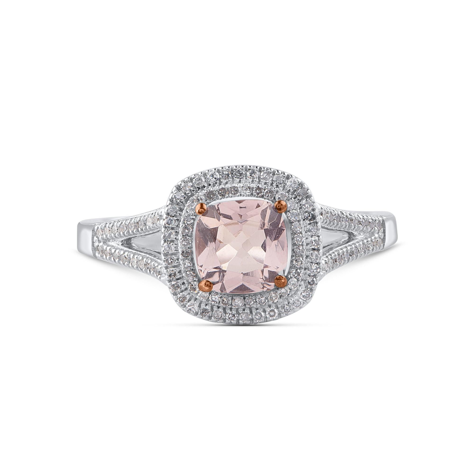 Crafted beautifully in 14 kt white gold and this sparkling design studded with 100 round-cut diamonds and 1 morganite in prong and micro-prong setting. Diamonds are graded H-I Color, I3-I4 Clarity. Ring size is US size 7 and can be resized on