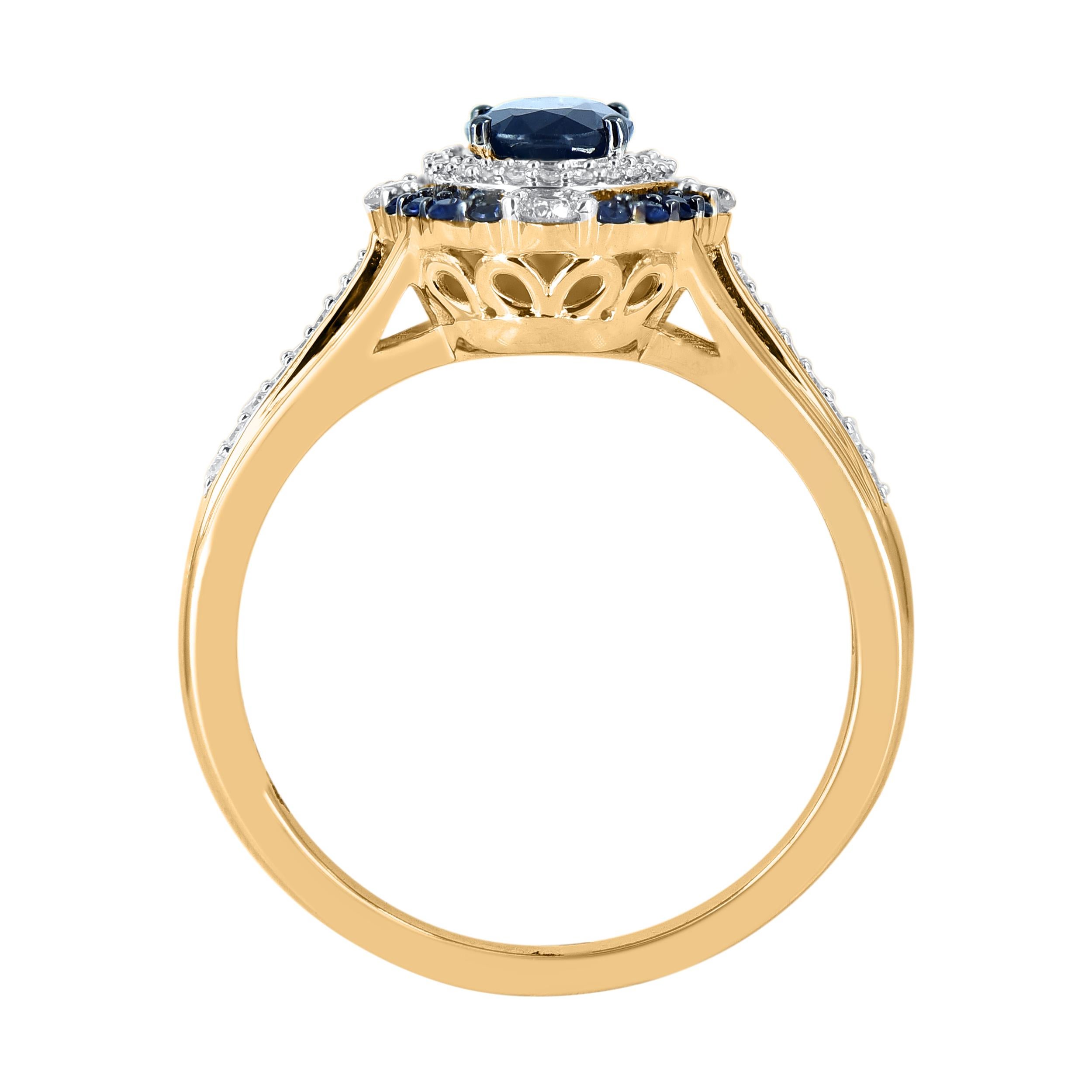 Modern TJD 0.20 Carat Diamond and 1.22 Ct Blue Sapphire 14 Karat Yellow Gold Halo Ring For Sale
