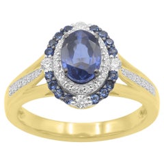 TJD 0.20 Carat Diamond and 1.22 Ct Blue Sapphire 14 Karat Yellow Gold Halo Ring