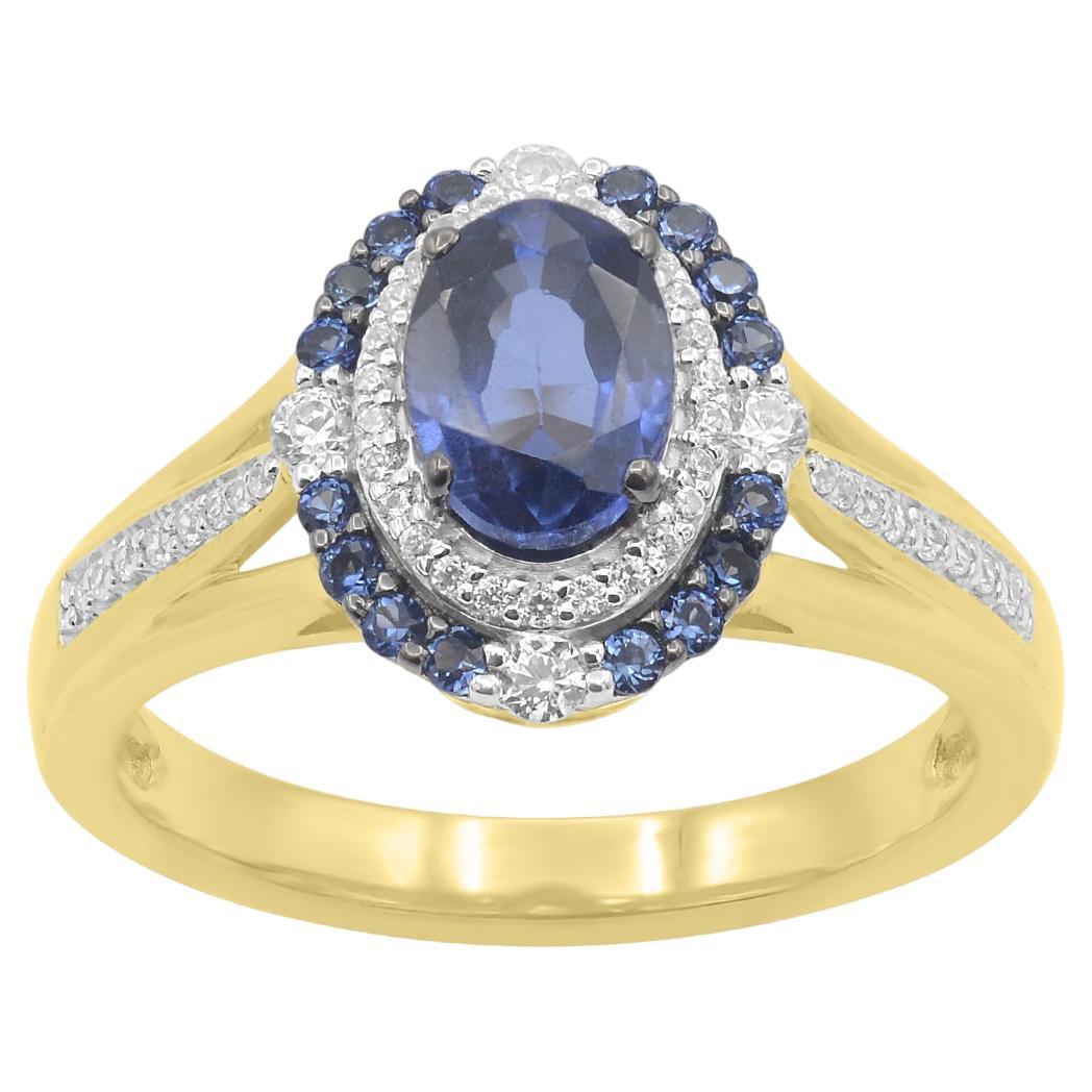 TJD 0.20 Carat Diamond and 1.22 Ct Blue Sapphire 18 Karat Yellow Gold Halo Ring