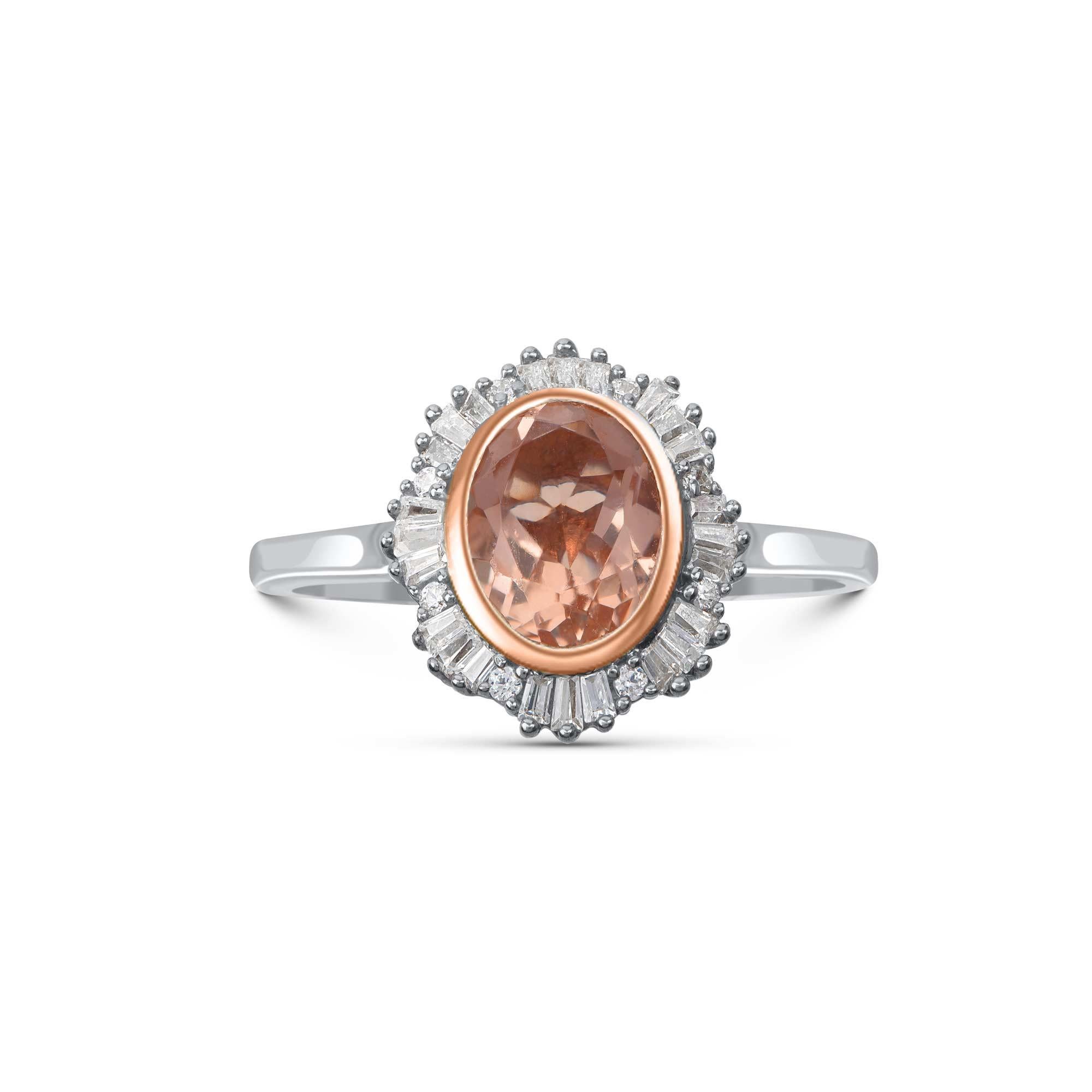 Moderne TJD Bague de fiançailles en or blanc 18KT diamant 0.20 carat et Morganite ovale 8X6MM en vente