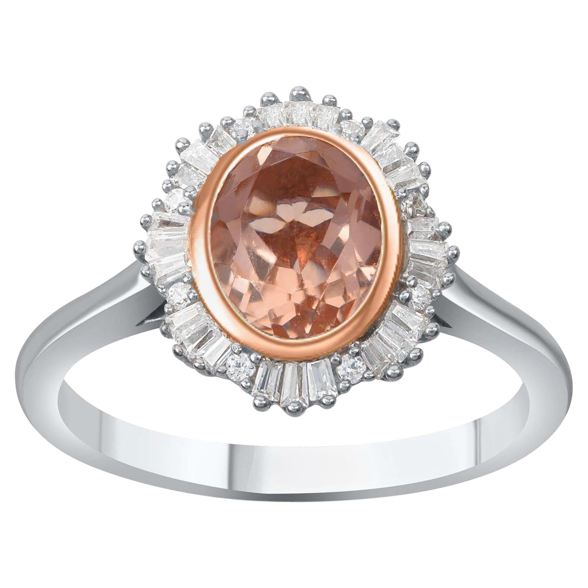 TJD 0.20 Carat Diamond and 8X6MM Oval Morganite 18KT White Gold Engagement Ring