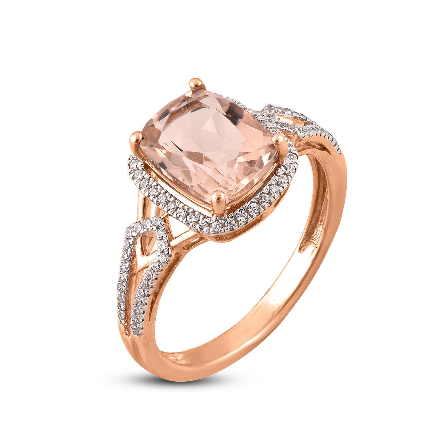 Beauty is how you feel inside, and it reflects in your eyes. This heart-melting ring made by our skillful artisans in 14 karat Rose gold with 80 round white diamond and 1 cushion shape morganite. Diamonds are graded H-I Color, I2 Clarity. it's a