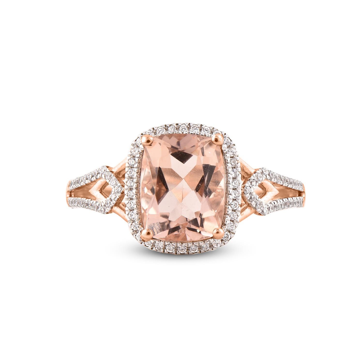 Art Deco TJD 0.20 Carat Diamond and 9X7 mm Cushion Morganite 14 Karat Rose Gold Ring For Sale