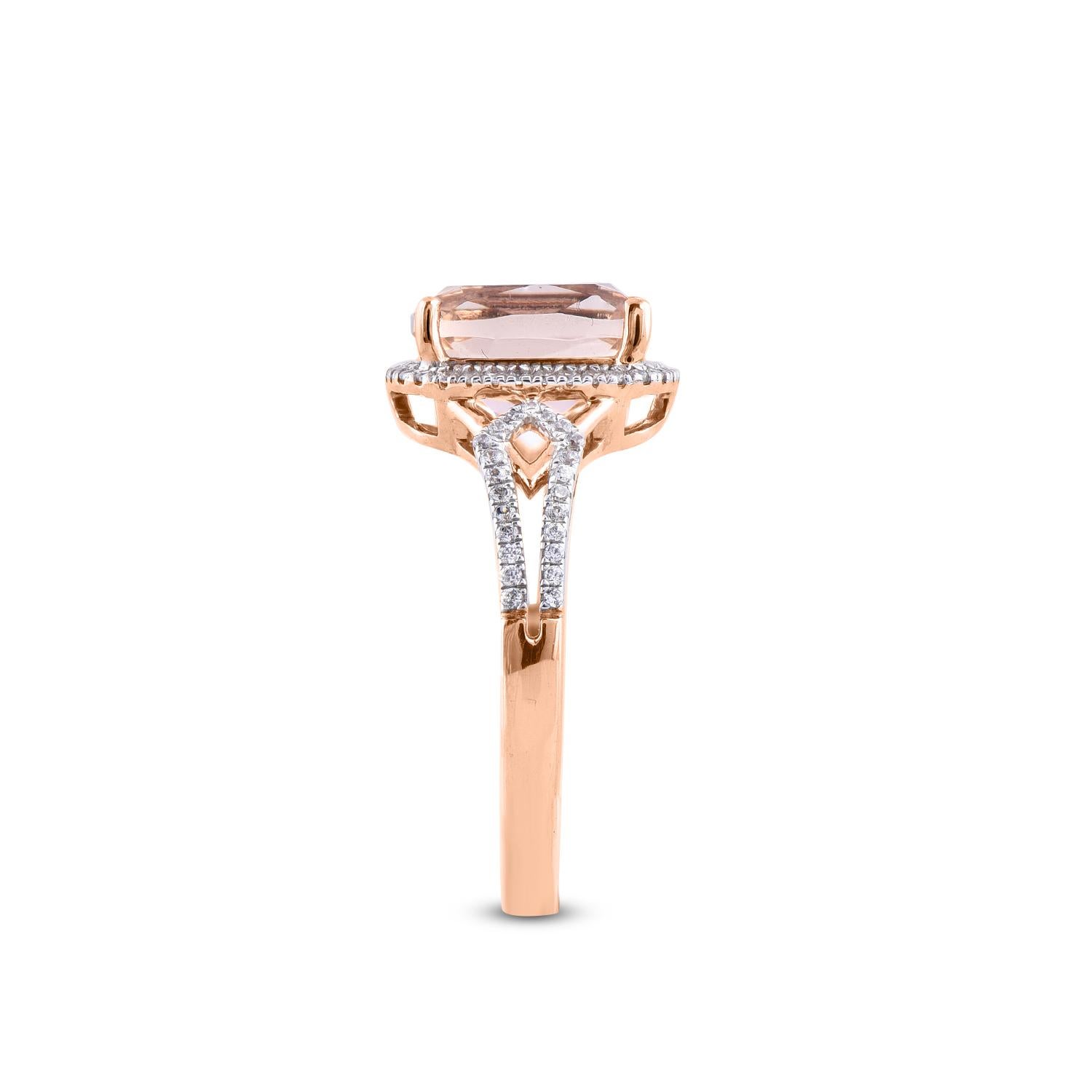 Cushion Cut TJD 0.20 Carat Diamond and 9X7 mm Cushion Morganite 14 Karat Rose Gold Ring For Sale