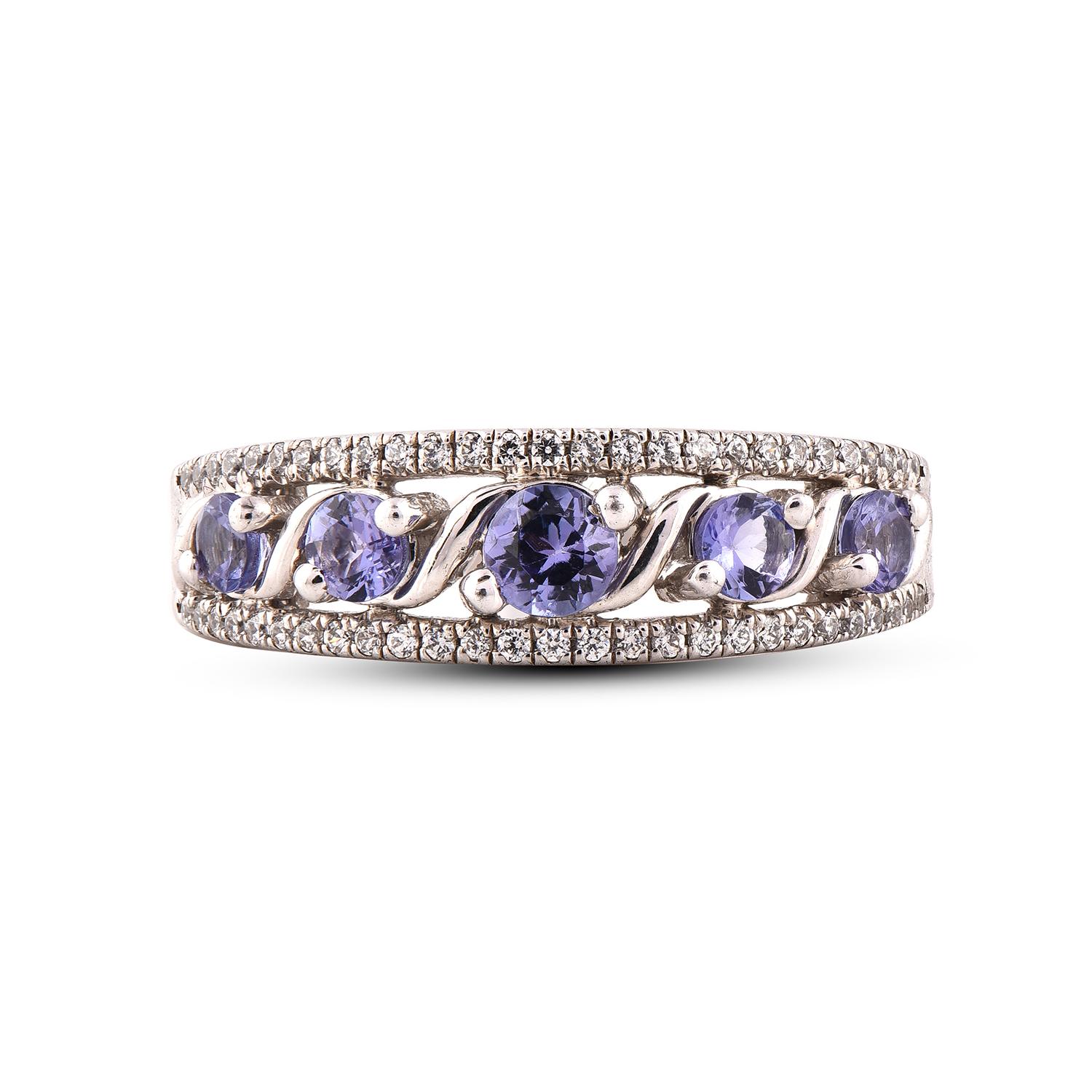 Art Deco TJD 0.20 Carat Diamond and Tanzanite 14 Karat White Gold Fashion Band Ring For Sale