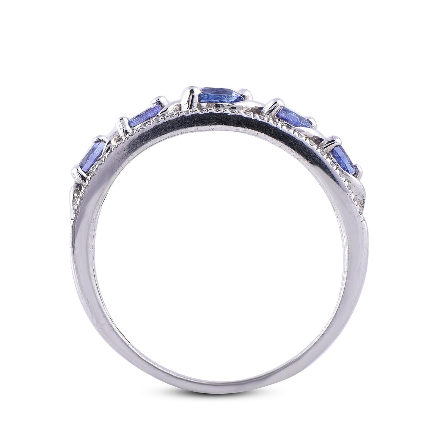 Women's TJD 0.20 Carat Diamond and Tanzanite 14 Karat White Gold Fashion Band Ring For Sale