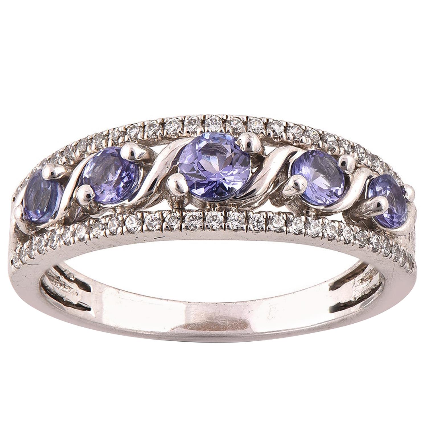 TJD 0.20 Carat Diamond and Tanzanite 14 Karat White Gold Fashion Band Ring