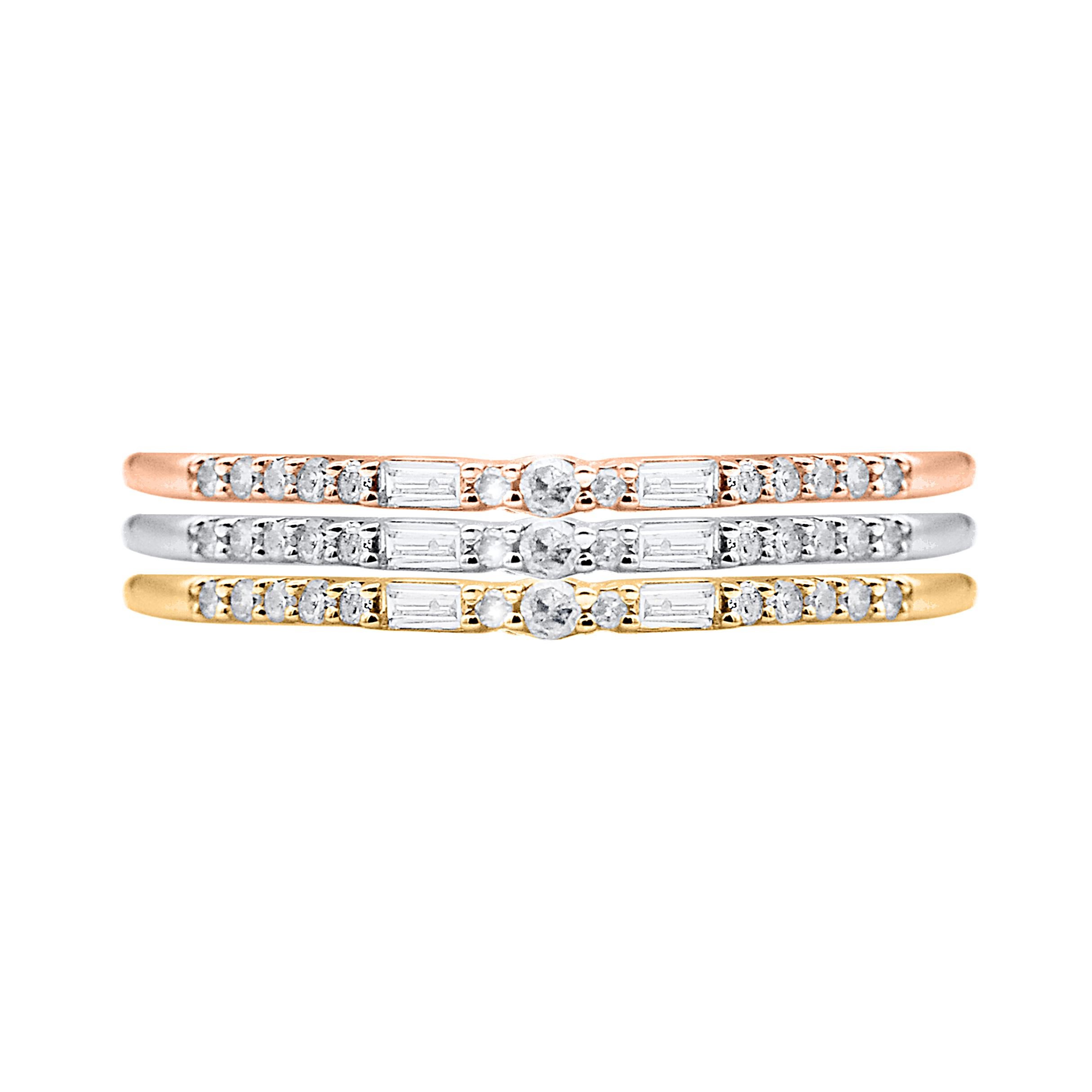 This three-piece diamond band set is a look she'll turn to often. This set includes one piece each rose, yellow and white gold. This ring is beautifully crafted in 14 Karat white, rose and yellow gold and embedded with 45 baguette cut, single cut &