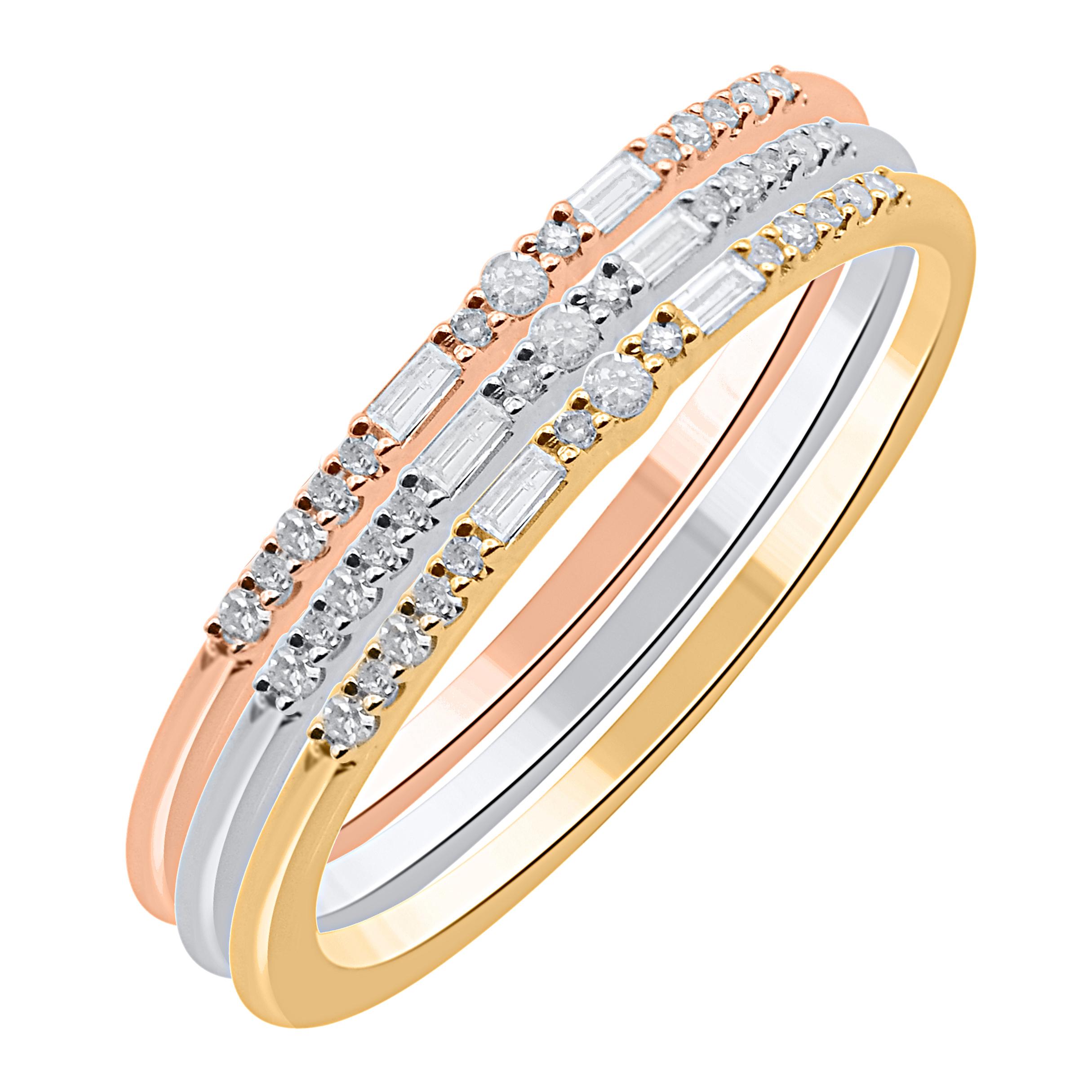 Contemporary TJD 0.20 Carat Diamond Three Piece Stackable Band Set in 14 Karat Tri-Tone Gold For Sale