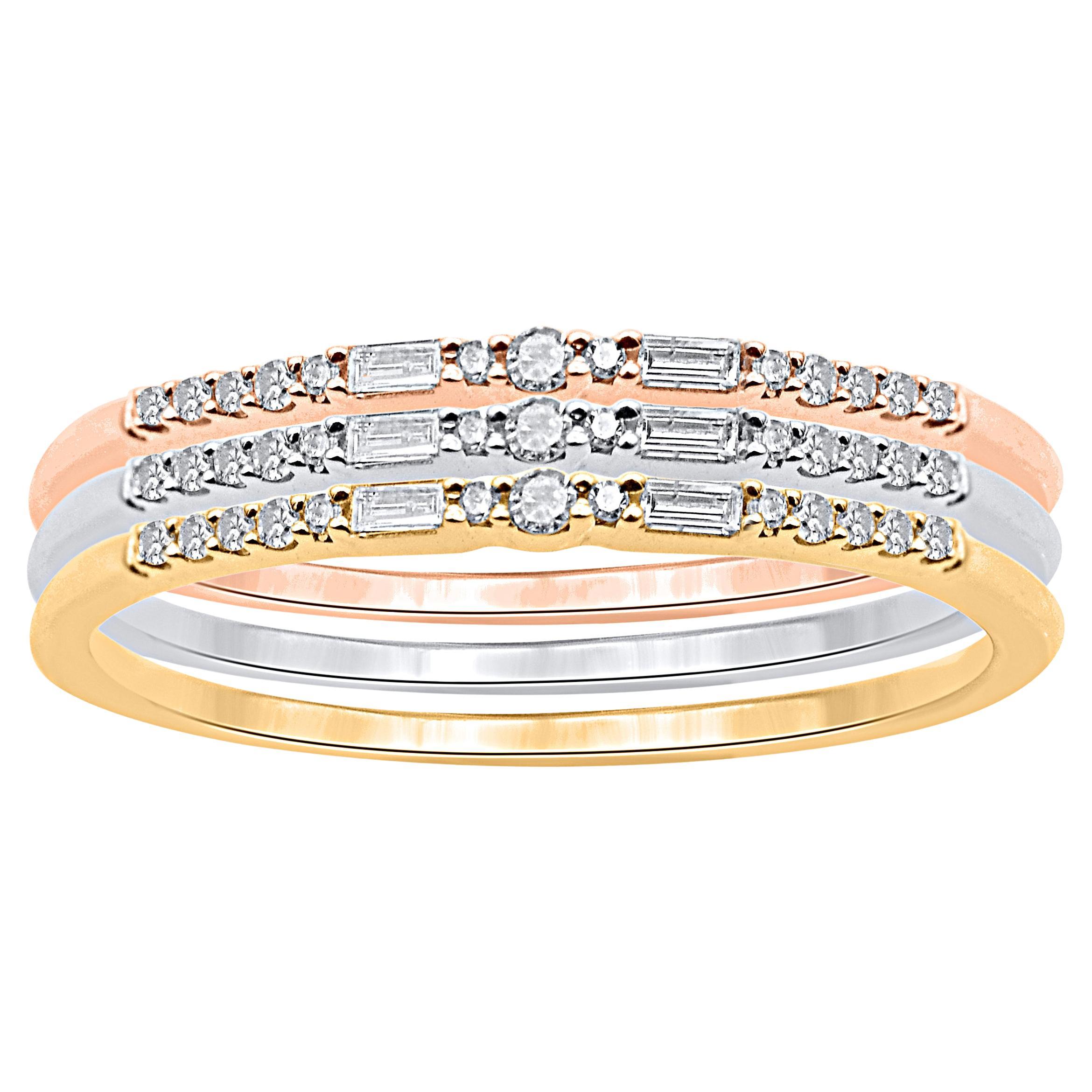 TJD 0,20 Carati Diamante Tre Pezzi Impilabile Set in Oro 14 Karati Tri-Tone