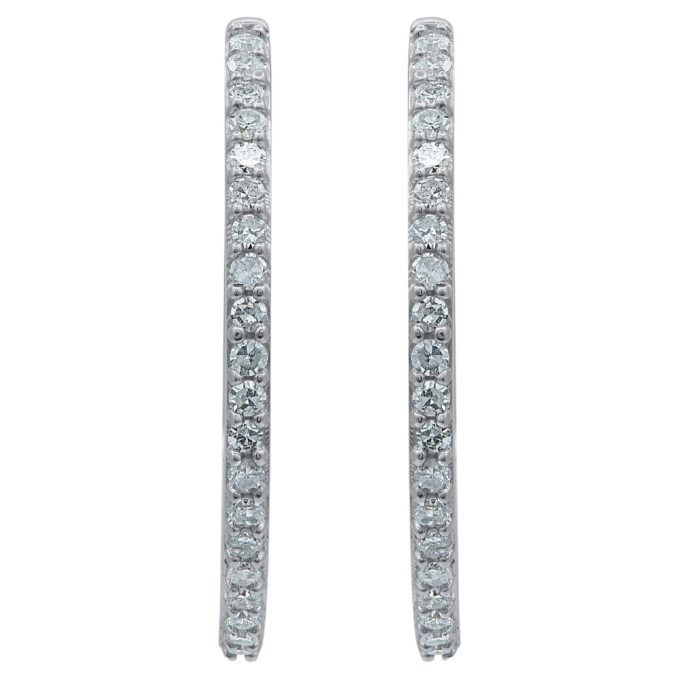 Bring charm to your look with this diamond hoop earrings. This earring is beautifully designed and studded with 40 single cut round diamond set in prong setting. We only use natural, 100% conflict free diamonds which shines in H-I Color and I-2