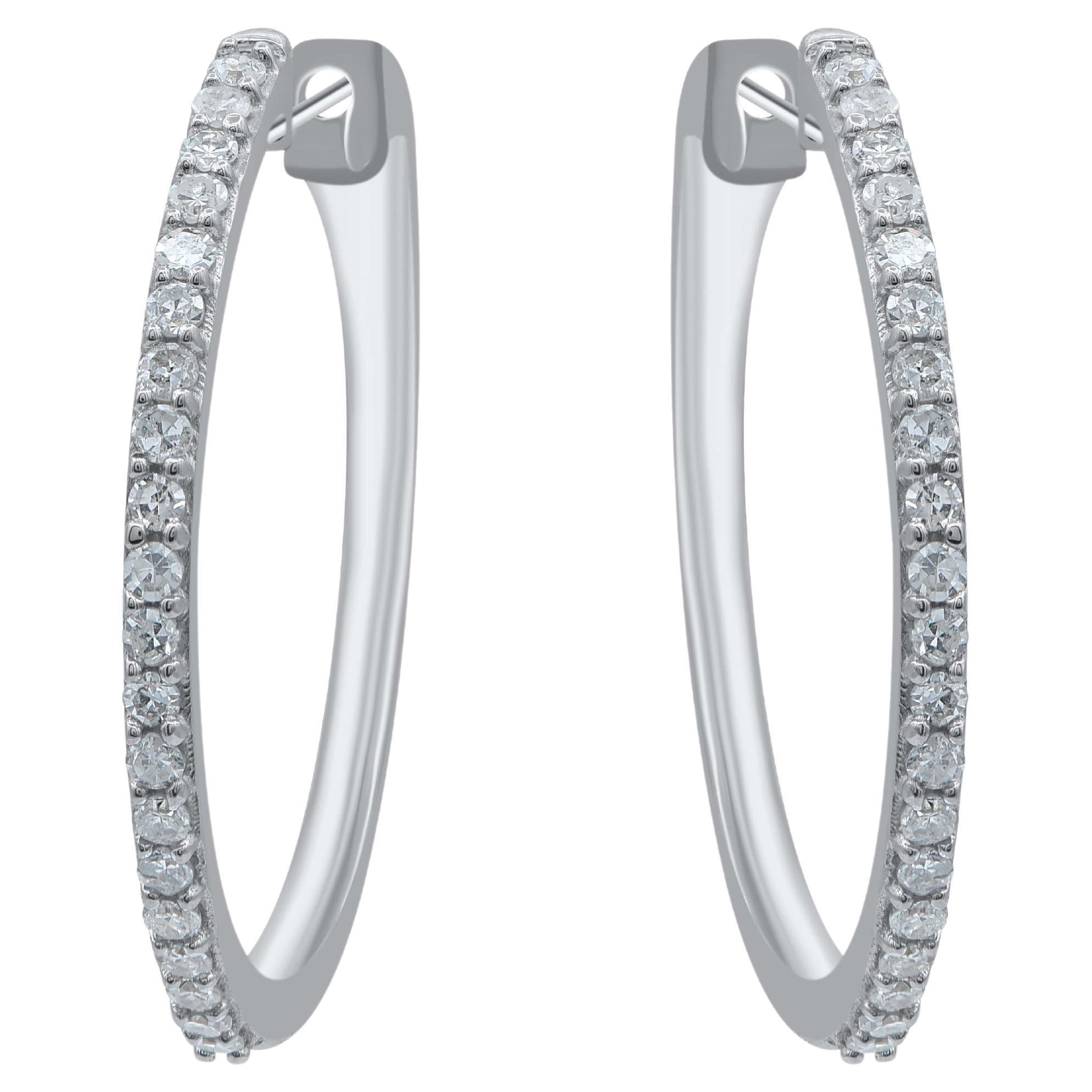 TJD 0.20 Carat Natural Diamond 14 Karat White Gold Hoop Earrings For Sale