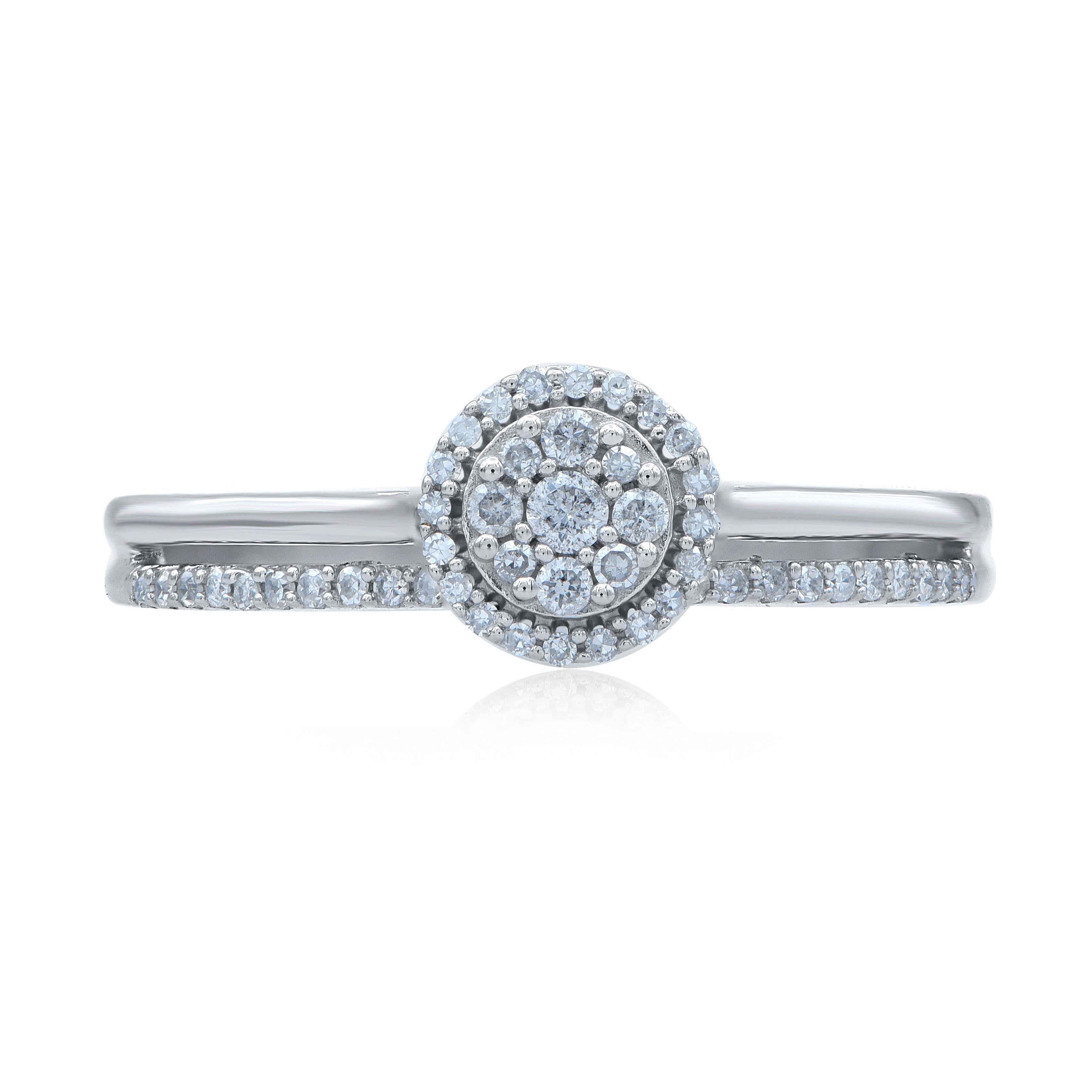 Express your love for her in the most classic way with this diamond ring. Crafted in 14 Karat white gold. This engagement ring features a sparkling 54 single cut round diamond beautifully set in prong setting. The total diamond weight is 0.20 Carat.