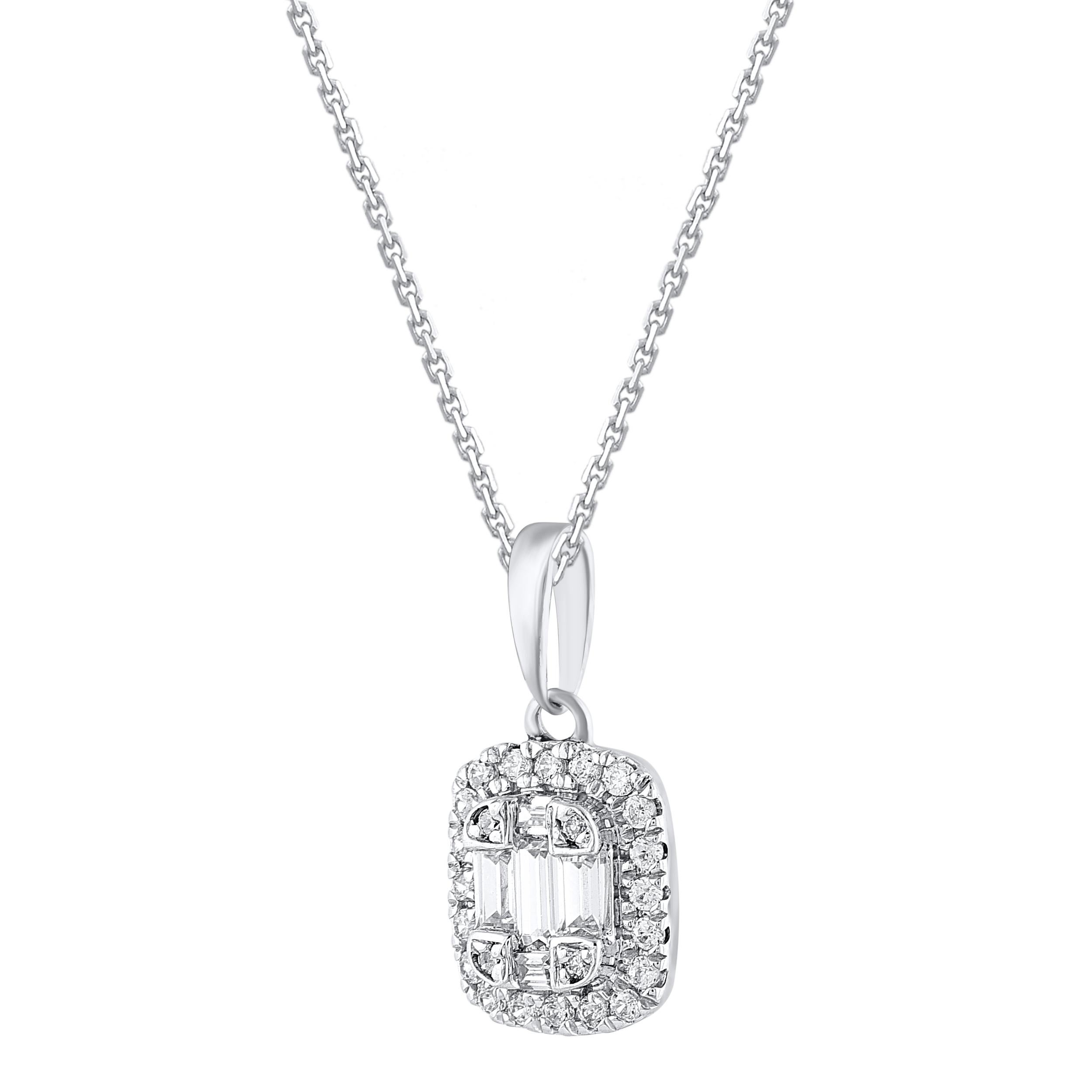 This beautiful cushion pendant necklace is studded with 29 single cut and baguette cut natural diamonds in prong and channel setting. The total diamond weight of these pendant is 0.20 carats. All the diamonds are H-I color, I-2 clarity. This white