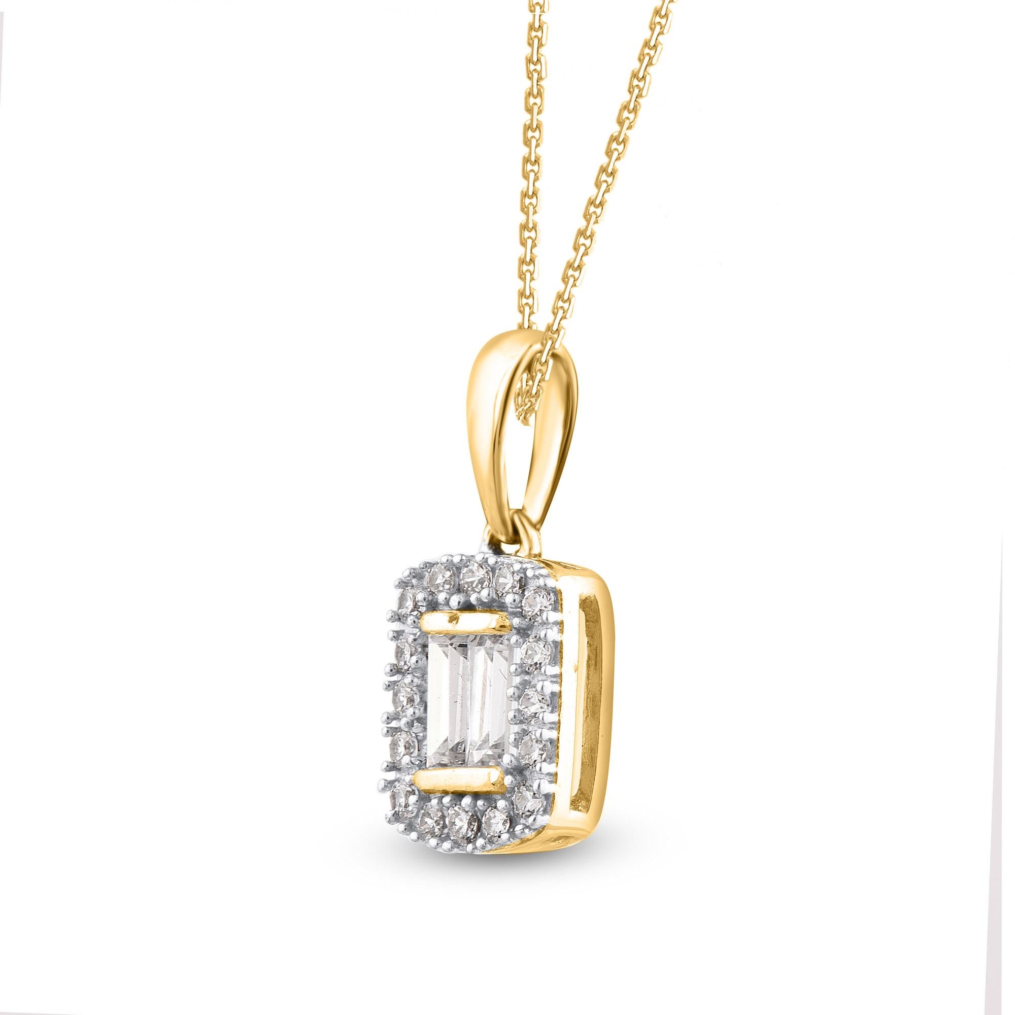This beautiful cushion pendant necklace is studded with 19 brilliant cut and baguette cut natural diamonds in prong and channel setting. The total diamond weight of these pendant is 0.20 carats. All the diamonds are H-I color, I-2 clarity. This