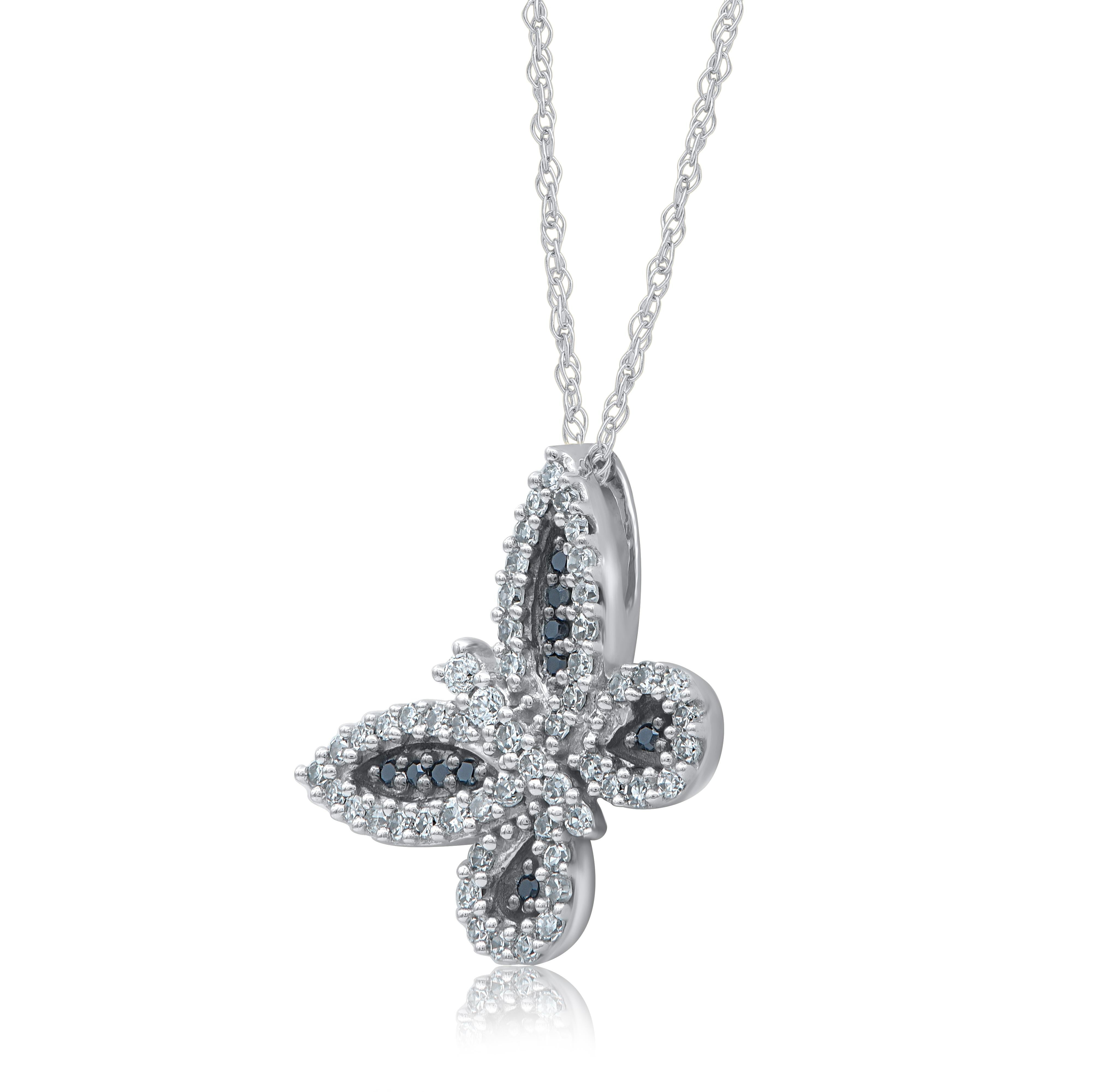 This butterfly pendant necklace fits any occasion with ease. These pendants are studded with round 64 single cut, brilliant cut and black treated diamonds in pave & prong setting in 14 karat white gold. Diamonds are graded as H-I color and I-2