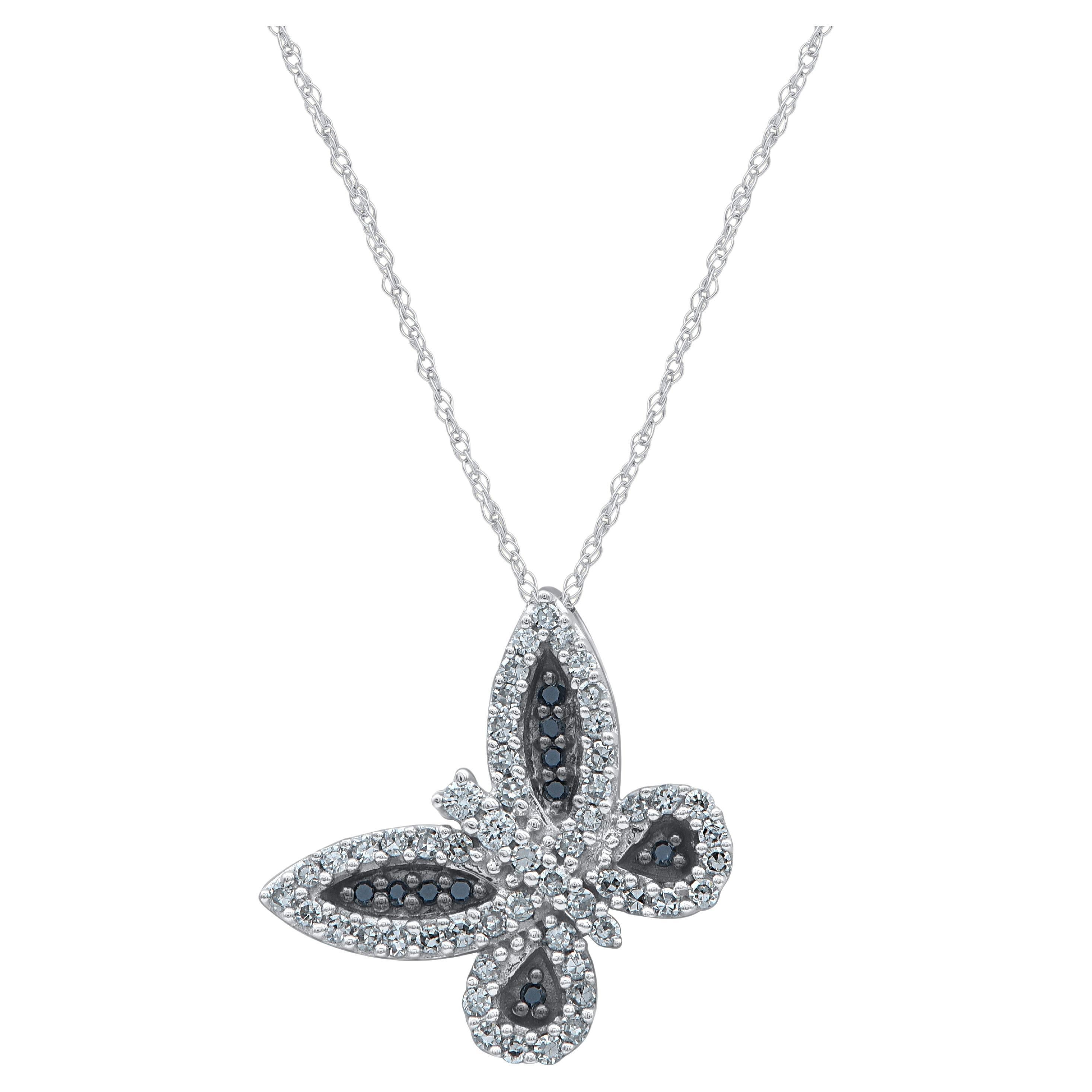 TJD 0.20 Carat Natural Diamond Butterfly Pendant Necklace in 14 Karat White Gold For Sale