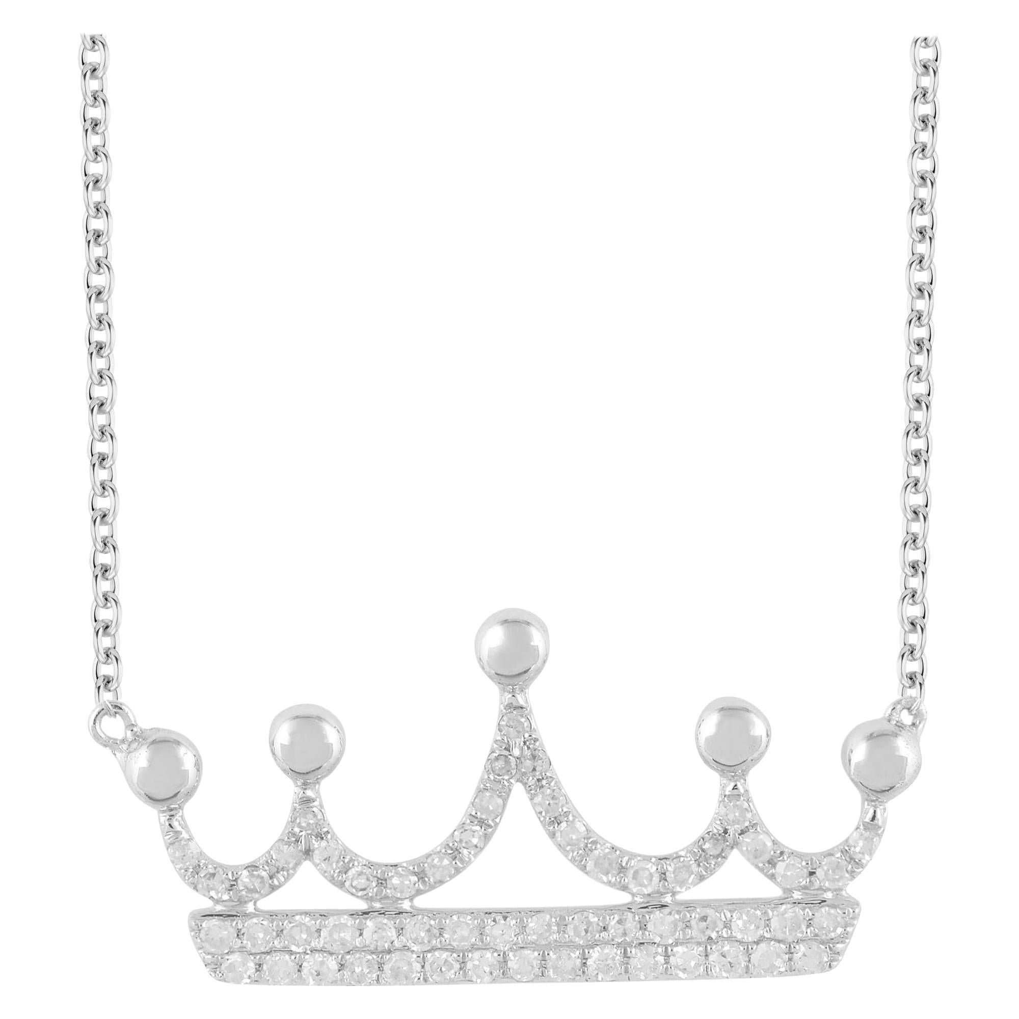 TJD 0.20Carat Diamond 14 K White Gold Charming Crown Necklace with 18 inch chain For Sale