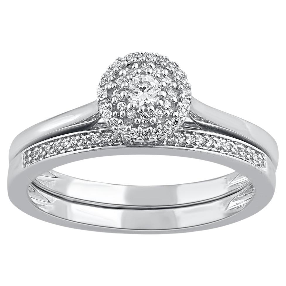 TJD 0.20 Carat Natural Round Cut Diamond 14 Karat White Gold Bridal Ring Set For Sale