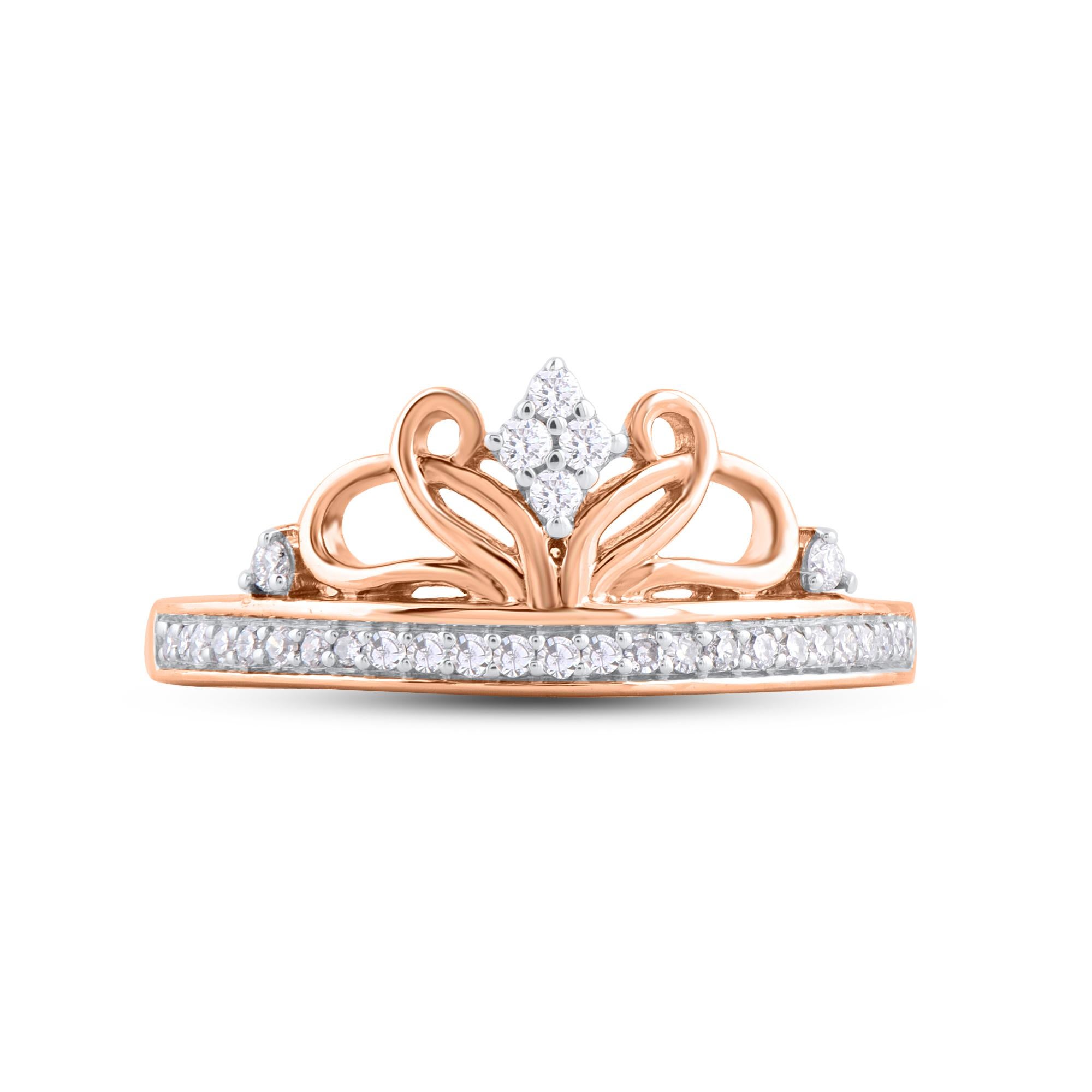 Modern TJD 0.20 Carat Natural Round Diamond 14 Karat Rose Gold Princess Tiara Ring For Sale